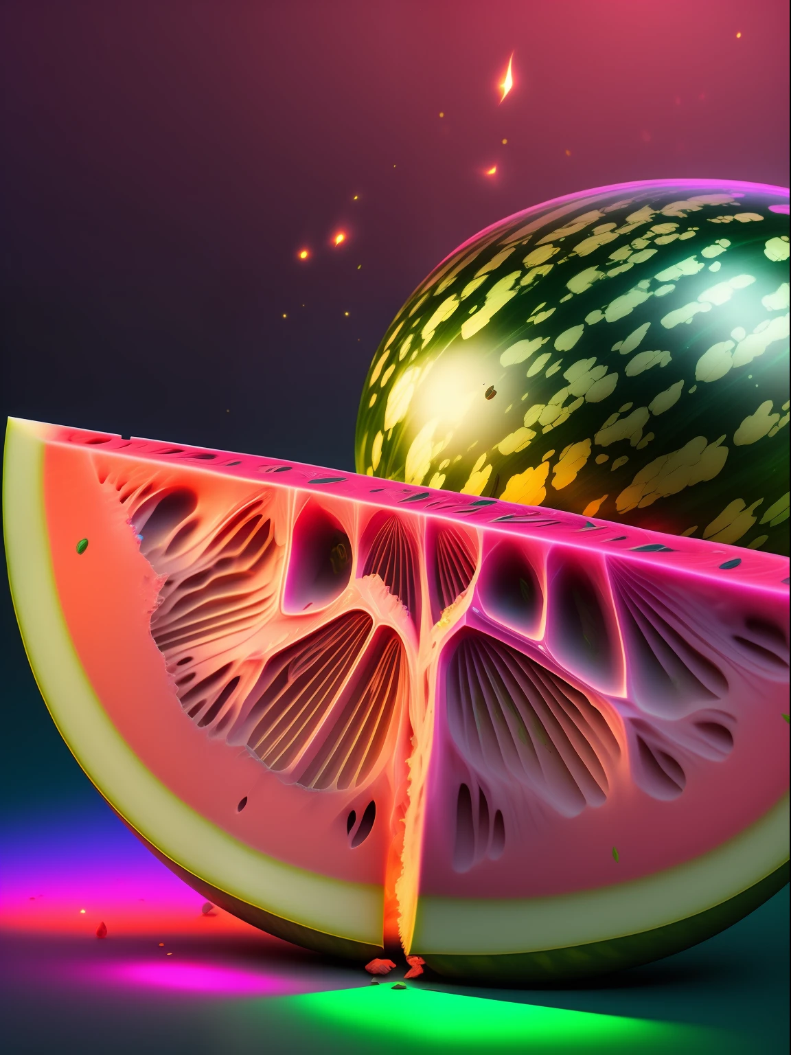 tmasterpiece, beste-Qualit, Art Station, 1 Extremely detailed green watermelon, Perfectly proportioned,  Contrast mapping, ultra realistis, black backdrop, galaxy, Endless Lights, Strewn with fine flash details, 8K, 真实感, The vibrant, luminescent, Exciting, hyper-detalied, The vibrant, Filmic, Environment Occlusion, chromatic aberration.