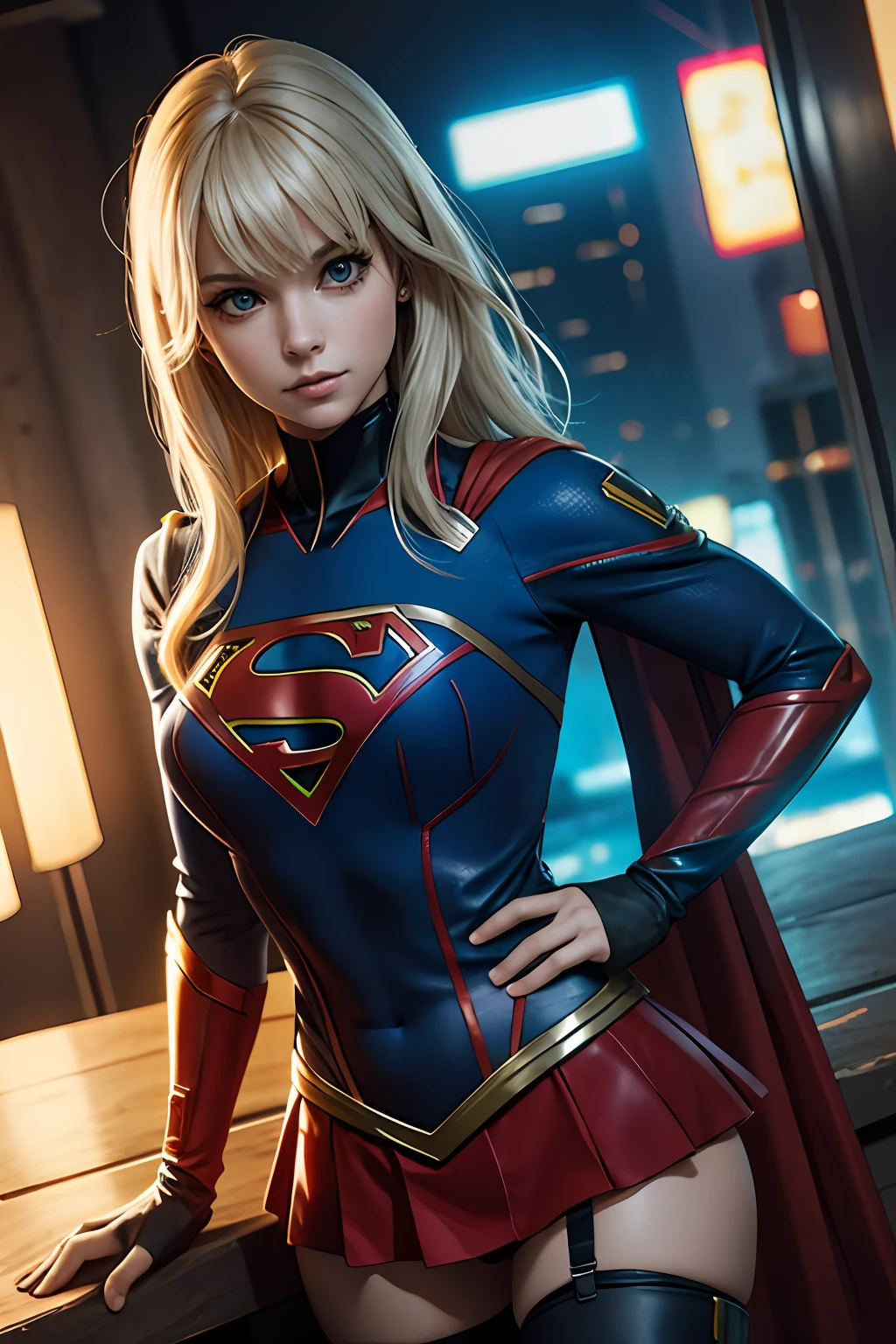 fantastical realism, bokeh, ultra detalhado, 2 garotas loiras e sexy se encarando, vestindo traje sexy de supergirl, peito contra peito, beijo, cabelo loira e loira, olhos azuis, underwear, dentro de casa, narrow deposit, fundo detalhado, traje de super cyberpunk .