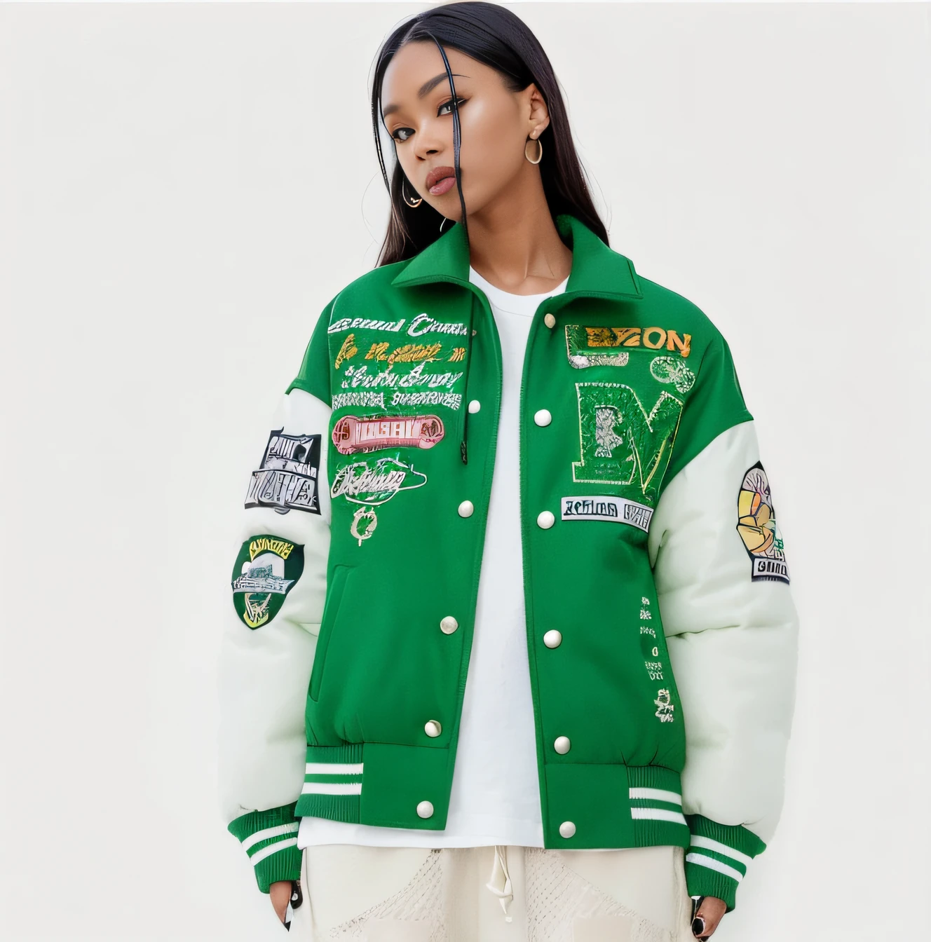 a woman wearing a green and white jacket with patches on it, wearing green jacket, green colored bomber jacket, 2 0 2 0 fashion, woman in streetwear, wearing dark green bomber jacket, clothes in the style of 1 9 9 0, lookbook, streetwear, wearing jacket, trending on r/streetwear, very aesthetic leather jacket, cyber future jacket, streetwear fashion