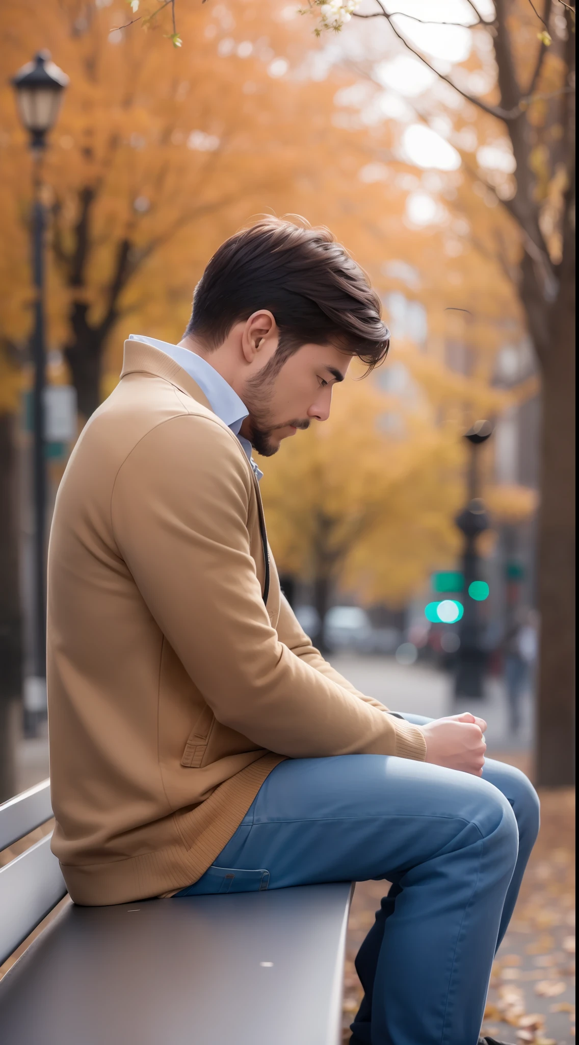 A man sitting on bench and bench is on park and he is very sad , full detailed face , ultra realistic face, hd sun light on back side , cenematic lights