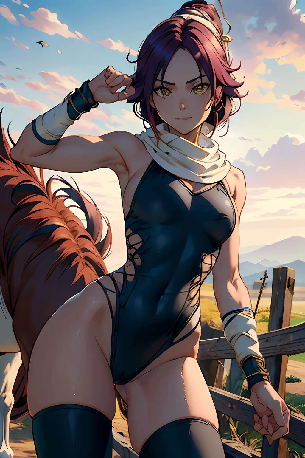 (obra-prima, melhor qualidade: 1.2), tiro de cowboy, solo, 1girl, shihouin yoruichi, sorriso, olhando para o espectador, rabo de cavalo, leotard, coxas grandes, white scarf