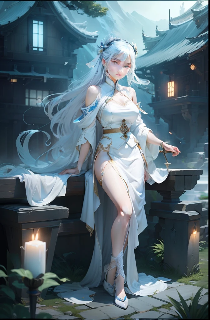 a close up of a woman with a sword in a white dress, a character portrait by Yang J, trending on cgsociety, fantasy art, beautiful character painting, artwork in the style of guweiz, guweiz, white hanfu, flowing white robes, full body wuxia, epic exquisite character art, stunning character art, beautiful female assassin
