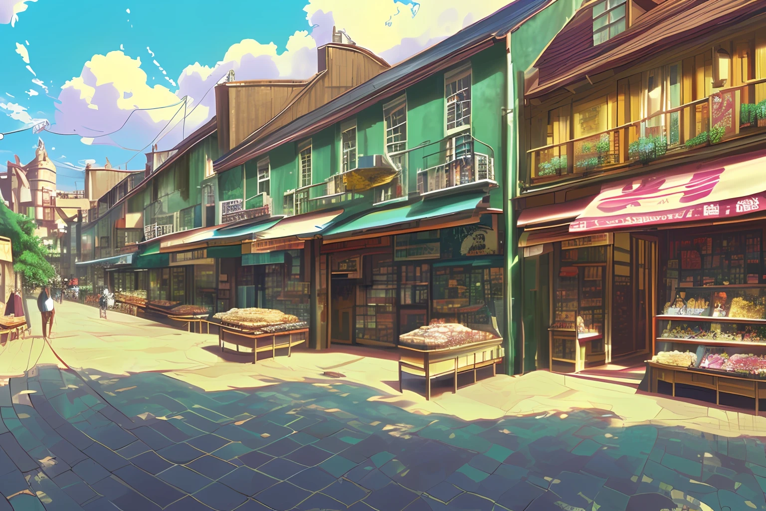 Anime - stylistic image of a small shop with balconies and balconies，Anime background art，high detailed store，Estilo de Makoto Shinkai，Estilo de Makoto Shinkai，Studio Ghibli Sunshine，beautiful anime scenes，beautiful anime scenery，Detailed scenery - width 672，Studio light and cheerful Makoto Shinkai，By Makoto Shinkai，In front of the pet shop