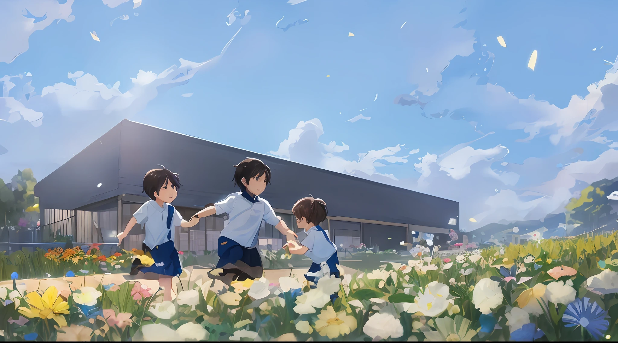 Building with a black roof、blue open sky、Bright atmosphere、anime scene of three children running in a field of flowers, style of makoto shinkai, ( ( By Shinkai Makoto ) ), in the style of makoto shinkai, opening scene, studio glibly makoto shinkai, in style of kyoto animation, kyoto animation still, By Shinkai Makoto. - H 2160, by makoto shinkai