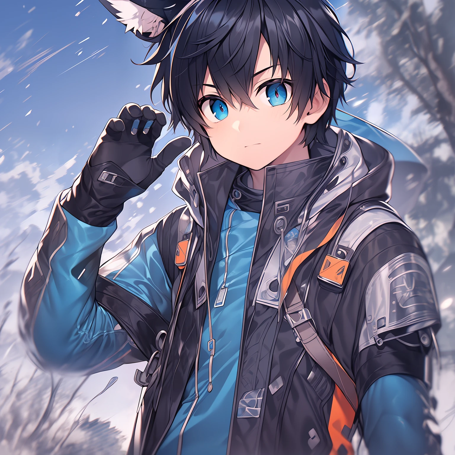 Game CG,8K quality,((younge boy)),juvenile sense,Anime male protagonist,Black hair and blue dye,Shining big eyes,Eyes look into the distance,Squint viewing angle,Animal ears,One is spectacle lenses,((Black and blue jumpsuits)),Fingerless gloves,(Racing boots),assassins,entire body image,technology city,Scarf,Fingers are normal,The proportions are normal