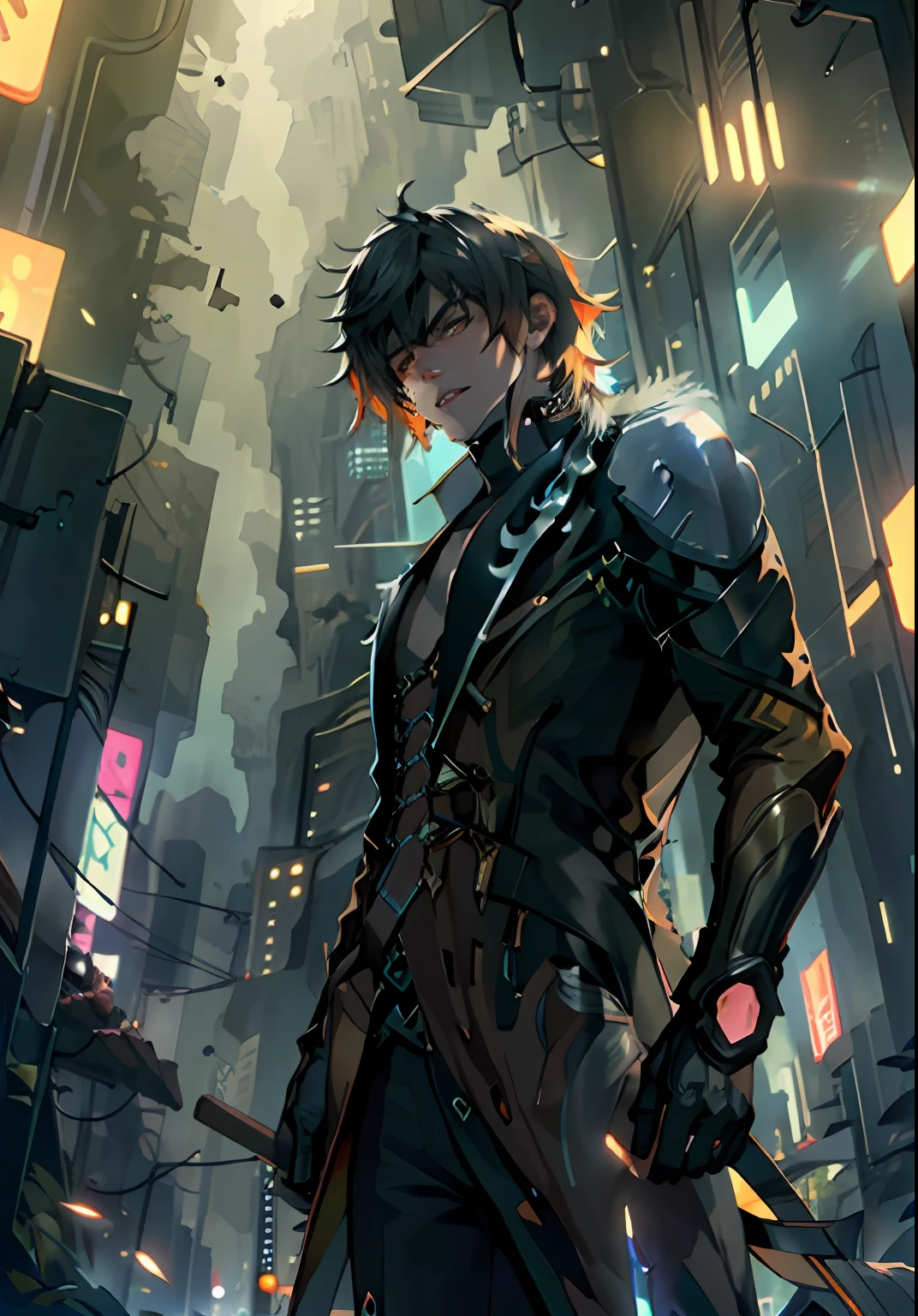 ultra detail, high resolution, ultra detailed, best quality, amazing, top quality, extremely detailed CG unity 8k wallpaper, cinematic lighting, cat fanboy, cyberpunk, dark boy