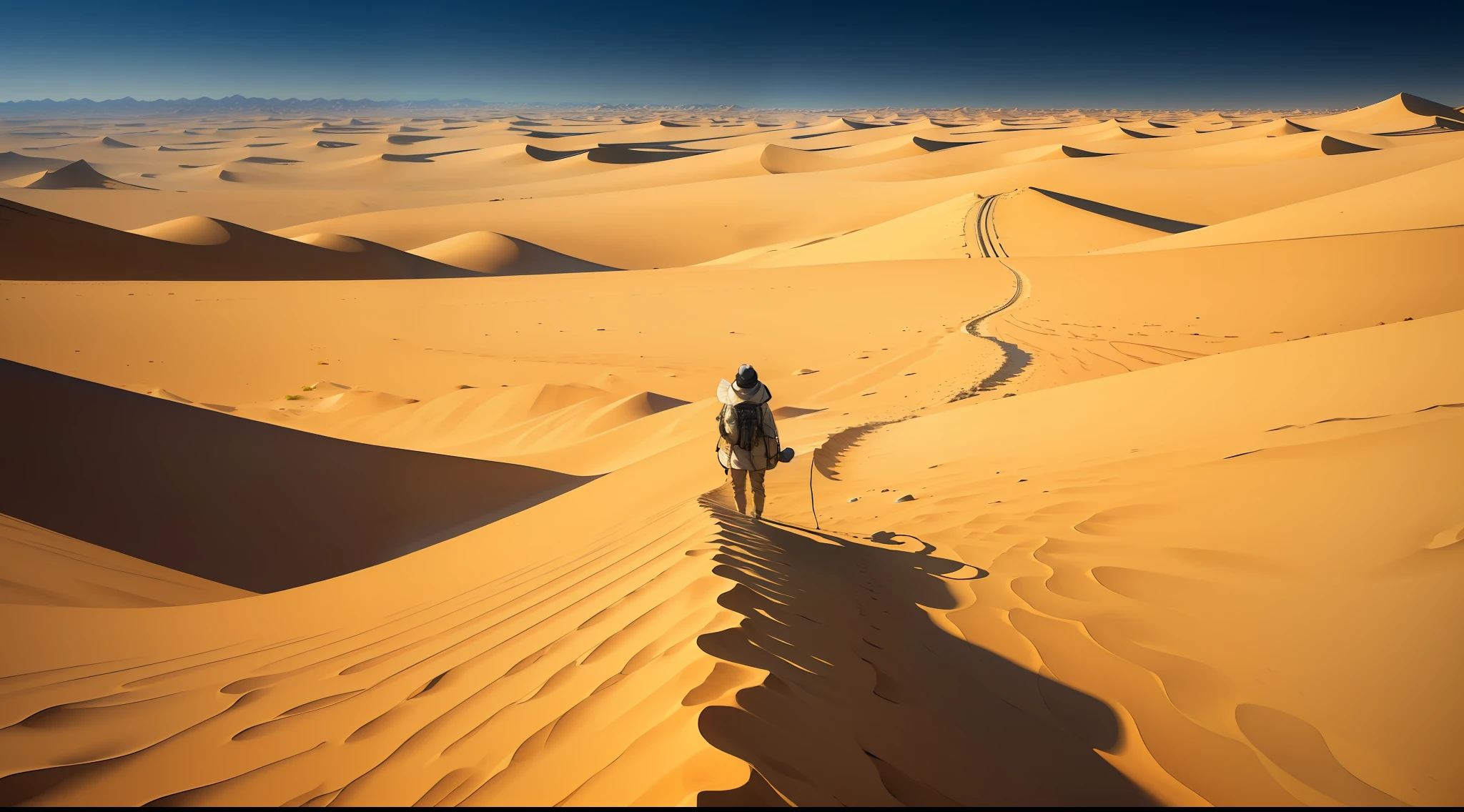 "(8K ultra-realistic) (detailed image) (masterpiece) (superb quality) (surreal desert) (lonely traveler) (lost in the dunes)(islamic cloth)