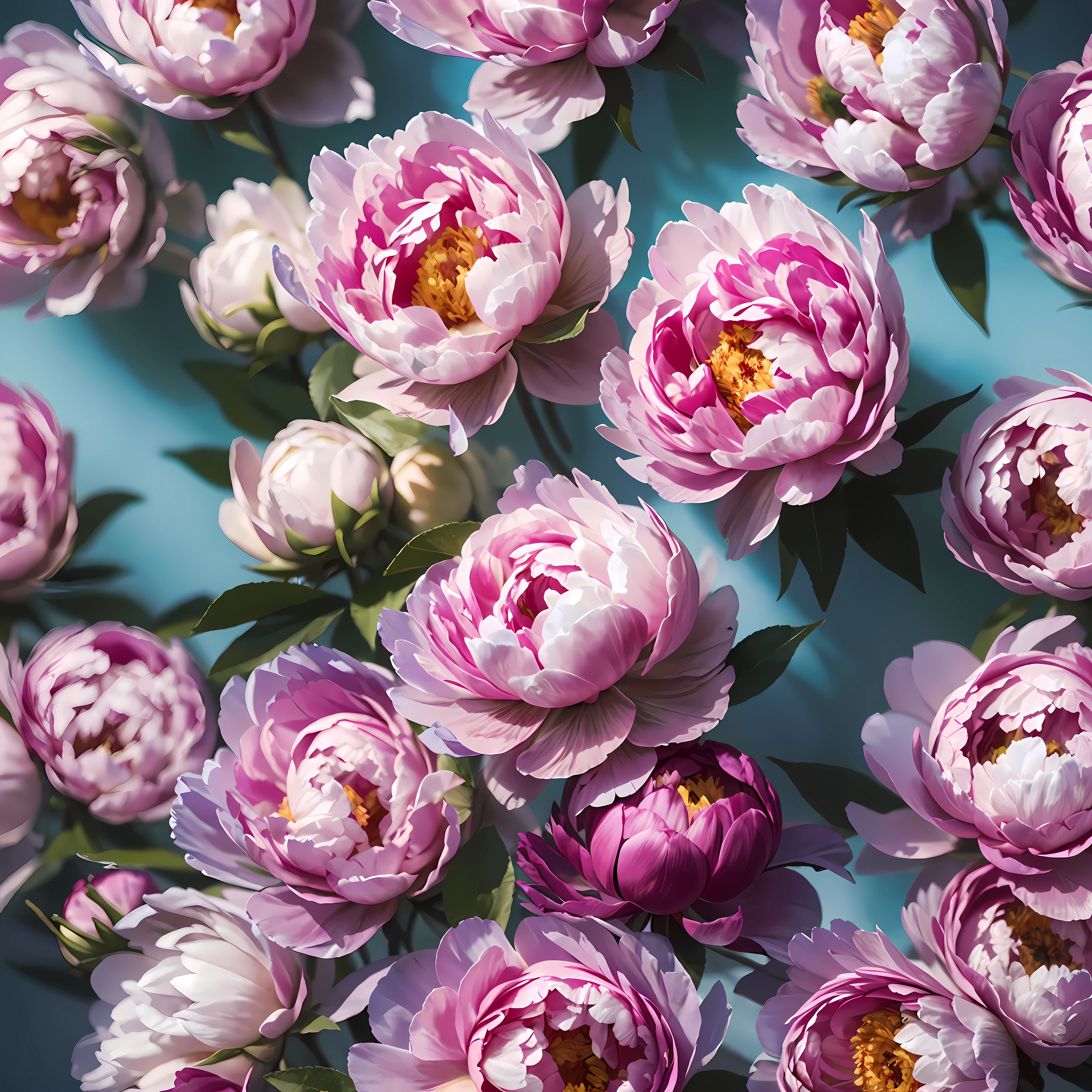100 peony flowers on light green background,surrealism, hyper photorealism, Chiaroscuro, Depth of field, JPEG artifacts, Wide shot, Perspective, Atmospheric perspective, in a panoramic view, Lens flare, hyper HD, Masterpiece, ccurate