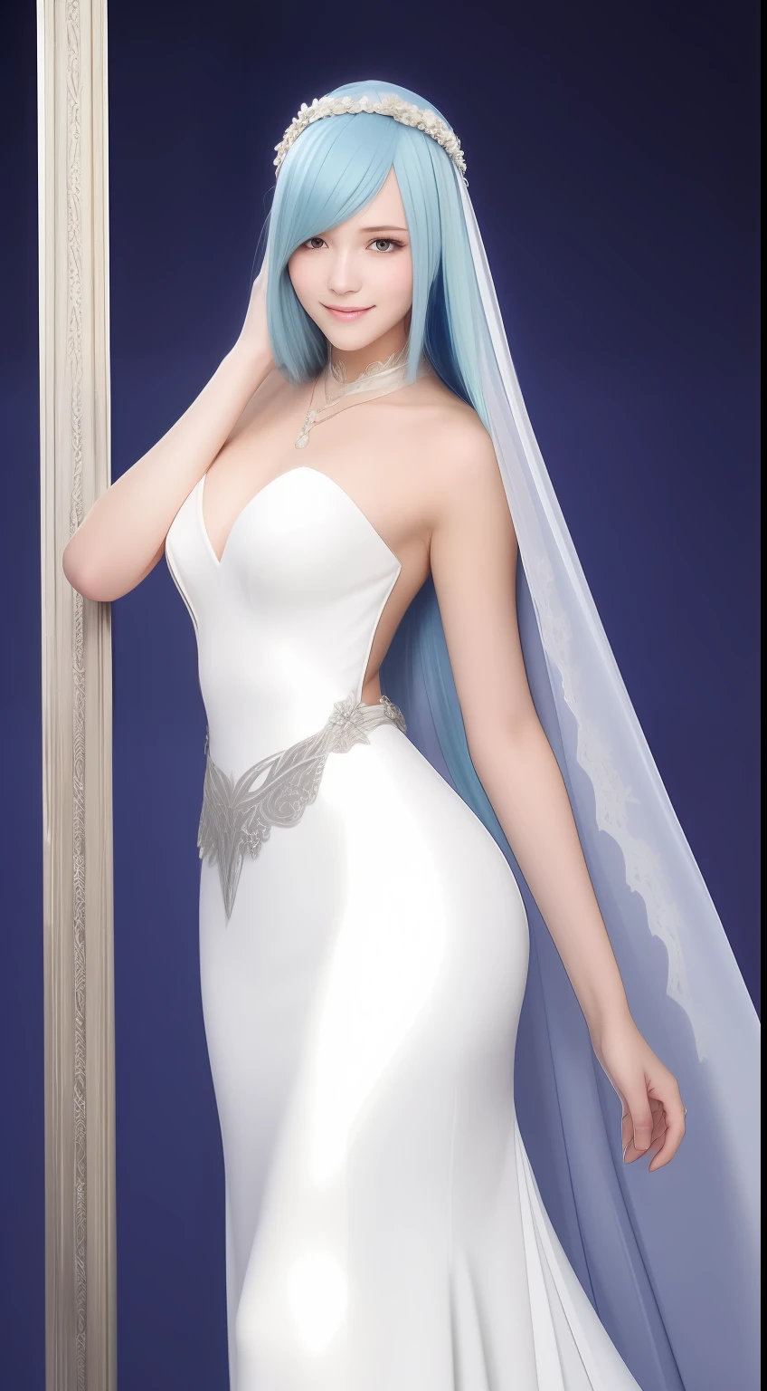 brynhildr lancer fgo,20-year old,bride,pure,affectionately gaze,smile,laurel wreath,white wedding dress,shyly pose, pretty round face,tall,very skinny,slender,light blue hair, cross-cut bangs strongly leans to the right,detailed hair