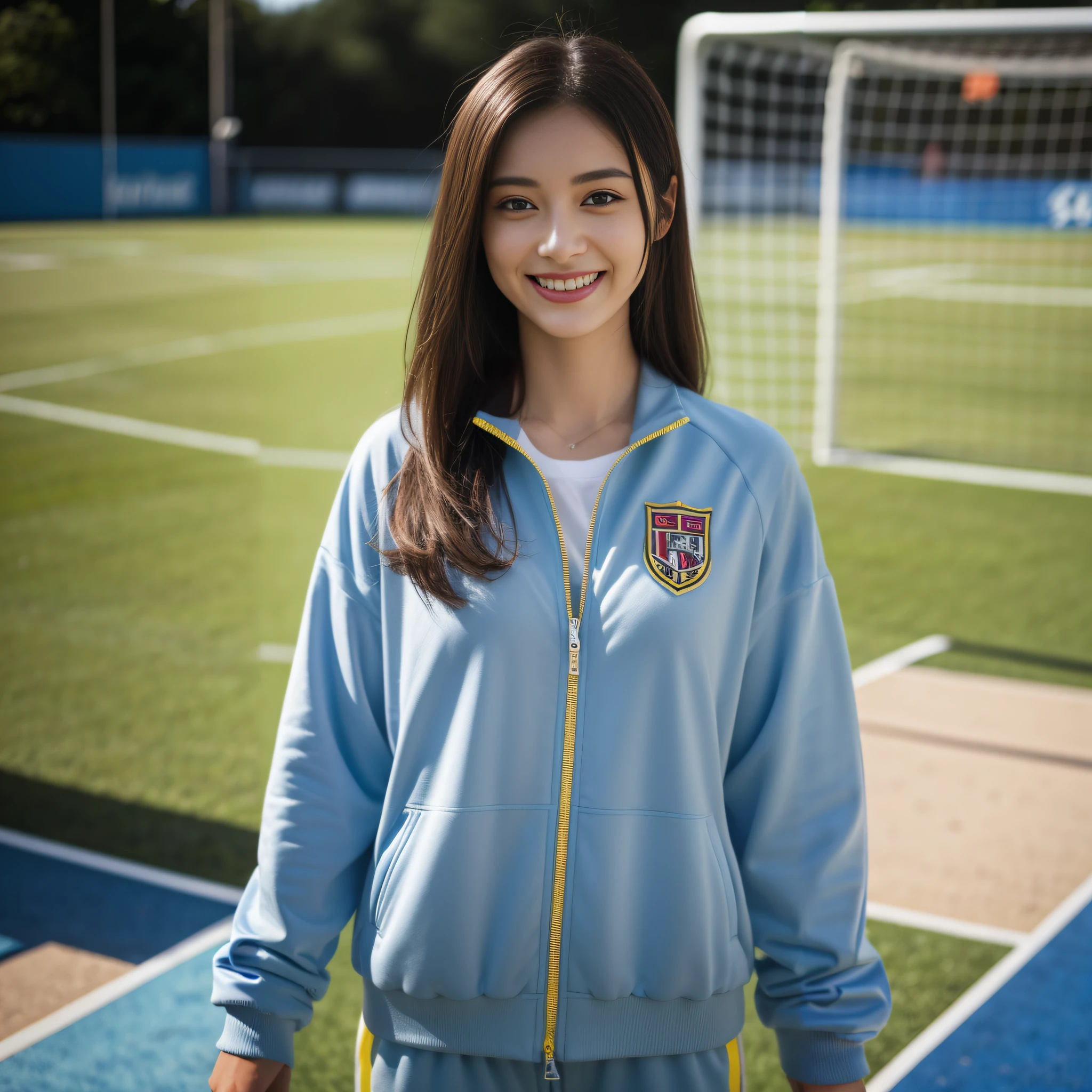 Woman in blue jacket standing in front of soccer goal, girl wearing school uniform, wearing a school soccer uniform, portrait of high school girl, black haired girl wearing hoodie, closeup portrait shot, closeup portrait shot, mid shot portrait, wearing track and field suit, girl wearing hoodie, wearing blue jacket, detailed portrait shot, wearing a tracksuit