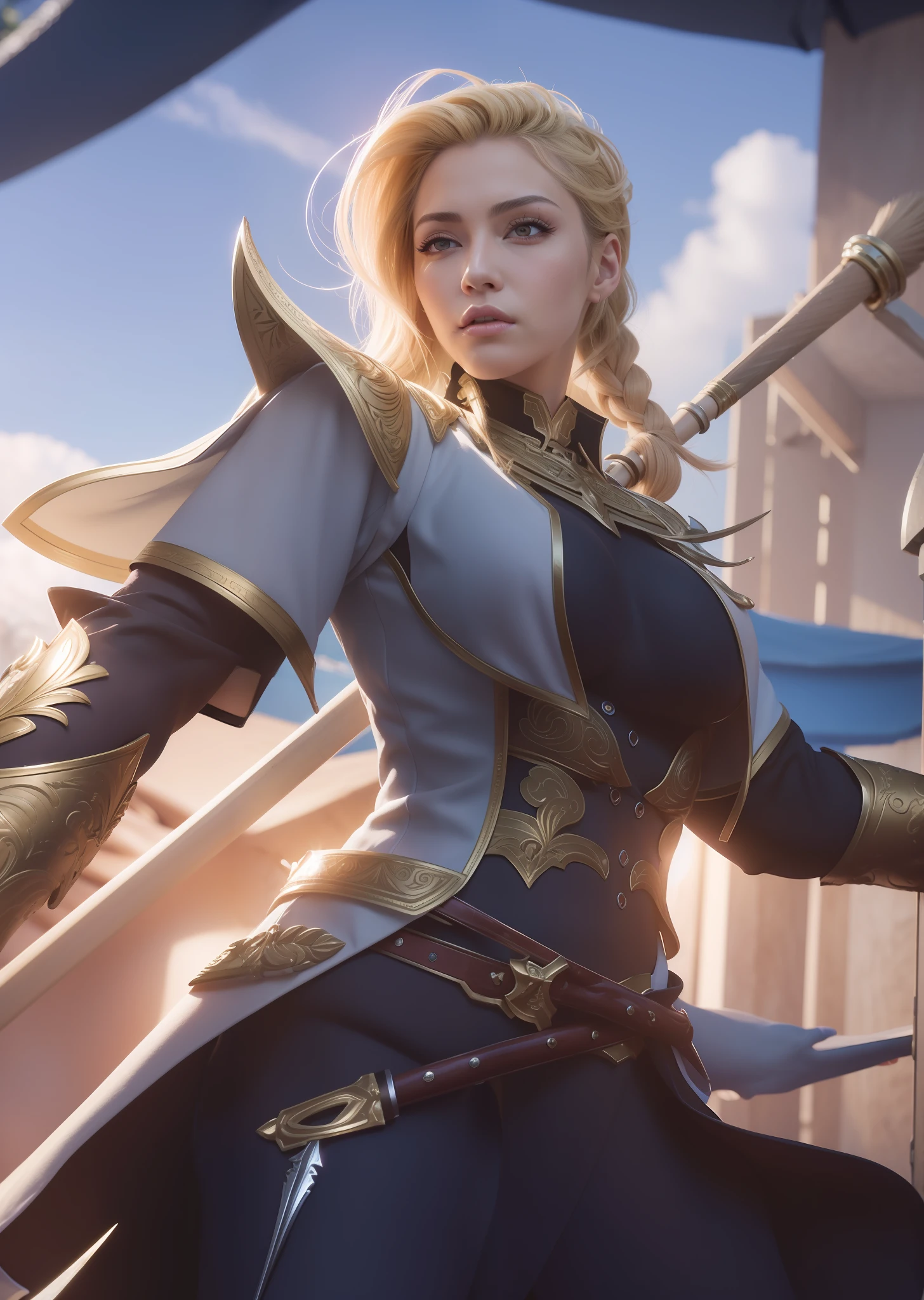 ((Best Quality, 4K, Masterpiece: 1.3)), (Detailed: 1.4), a close up of a woman with a spear, extremely detailed artgerm, ashe, style artgerm, iconic character splash art, official splash art, astri lohne, artgerm detailed, portrait knights of zodiac girl, celestial woman with blonde hair, western girl, big breast, huge breast, 4K, HD, Ultra Realistic, extremely detailed, half_buzzcut_hairstyle, a woman with spear behind the body, spear