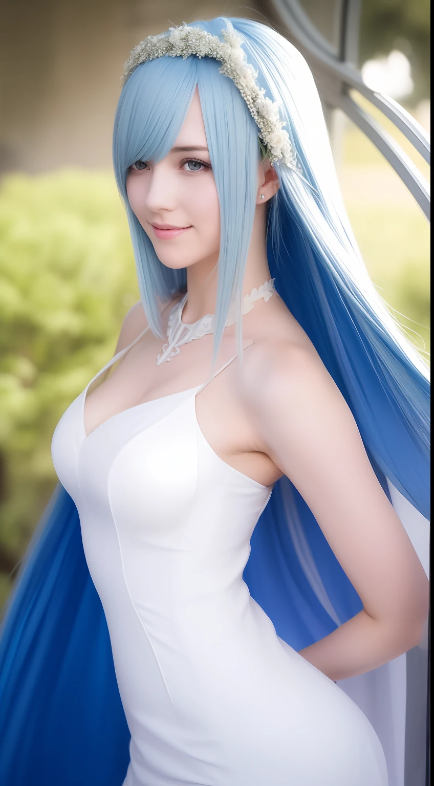 brynhildr lancer fgo,20-year old,bride,pure,affectionately gaze,smile,laurel wreath,white wedding dress,shyly pose, pretty round face,tall,very skinny,slender,light blue hair, cross-cut bangs strongly leans to the right,detailed hair