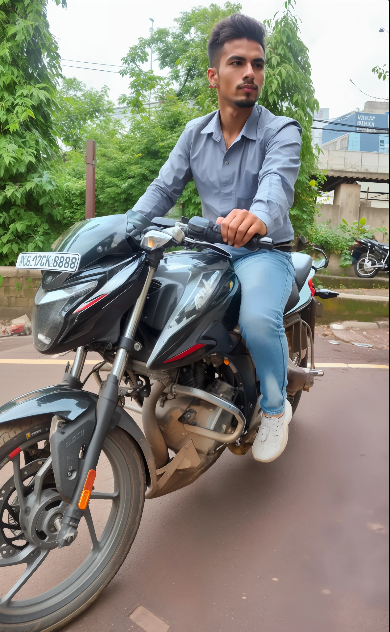 there is a man sitting on a motorcycle on the street, without helmet, riding on the road, riding a motorbike, riding a motorbike down a street, sitting on a motorcycle, thought provoking, riding a motorcycle, cool pose, looks smart, thought-provoking, taken with the best dlsr camera, candid picture, stylish pose, touring, motorcycle, by Romain brook