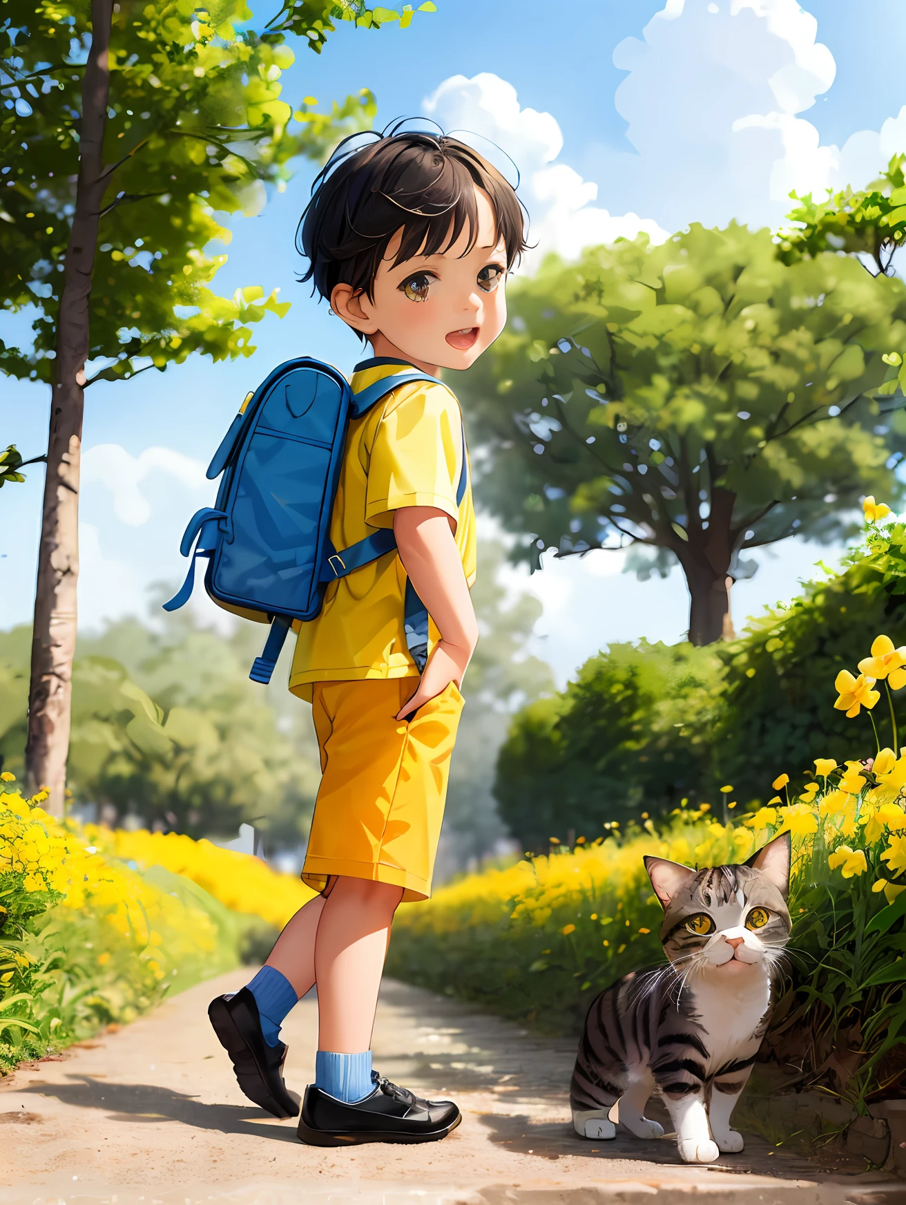 there is a  with a backpack and a cat on a path, adorable digital painting, by Li Mei-shu, in a sunny day, cutest, cute boy, walking boy, childrens art in artstation, with a backpack, in blue and yellow clothes, by Eizan Kikukawa, by Liao Chi-chun,