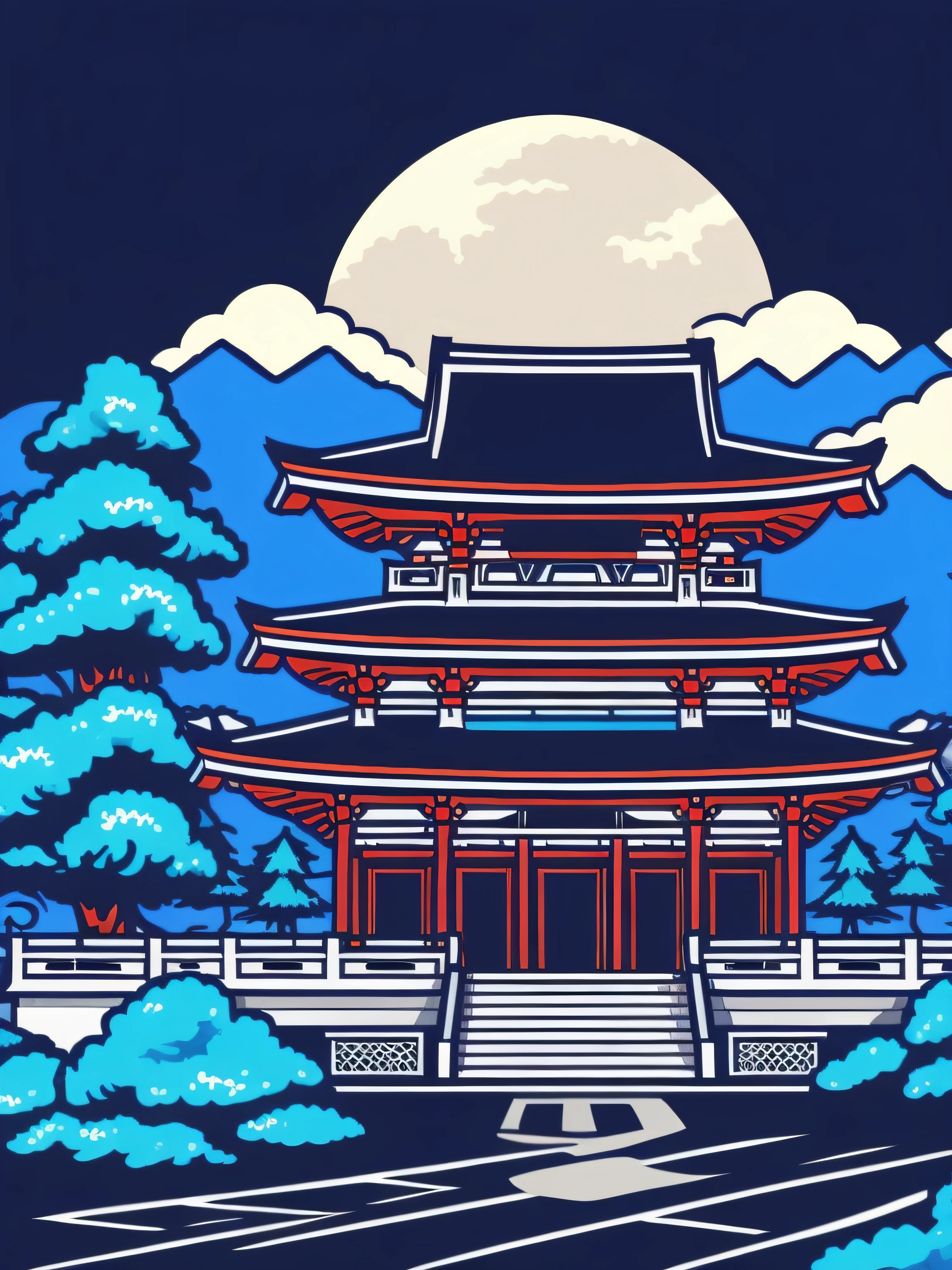 detailed ilustration japan city, t-shirt design, dark blue color, vector art, pastel tetradic color, retro aesthetic, digital painting, adobe illustrator