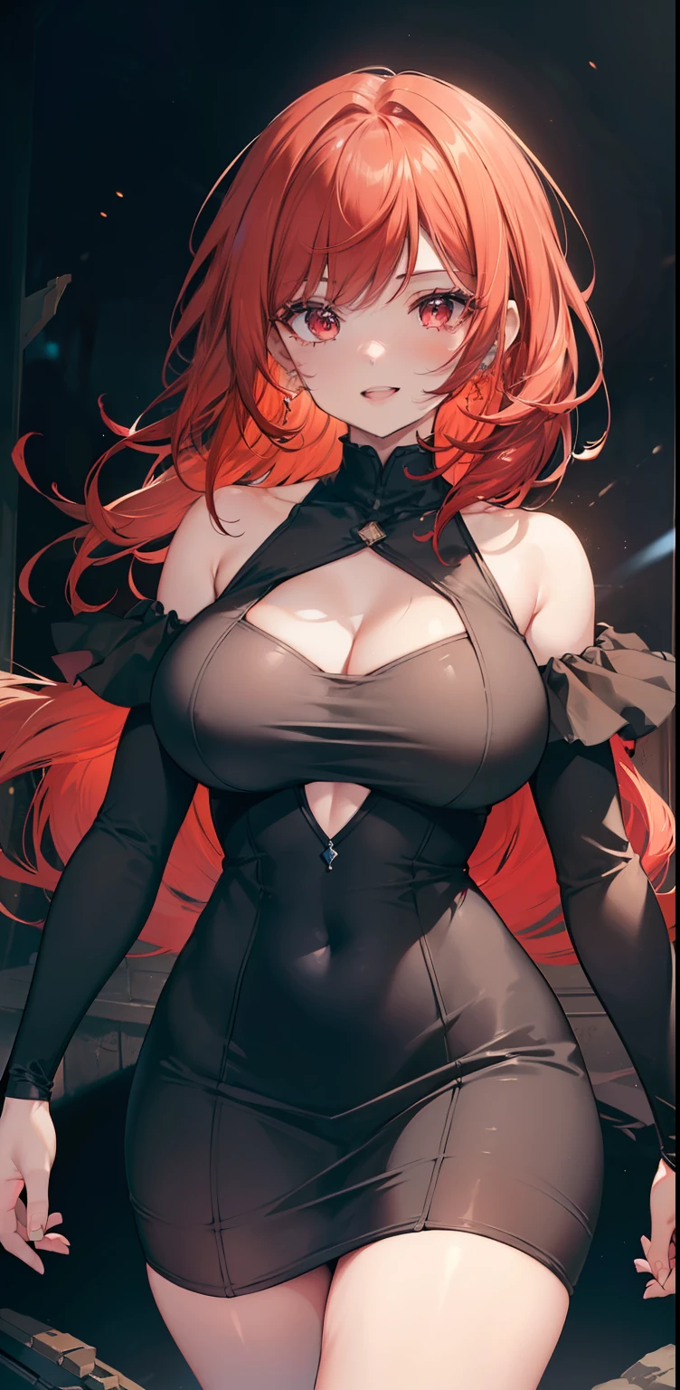((masterpiece)), ((best quality)), ((HD 4k)), ((brown skin)), ((perfect anatomy)), ((older woman)), woman, ((female face) ), Happy, smiling, mouth open, teeth showing, ((light red eyes)), Eyelid, Sclera, Iris, eyebrow, eyelashes, ear, nose, Big red hair, ((fringe)), ((hair details) ), ((light effects on hair)), ((black tight dress)), ((lights effect on clothes)), ((body lights effect)), neck, Shoulders, ((big chest)), arms, ((thick legs)), ((big thigh)), background, scary mood, horror scenery