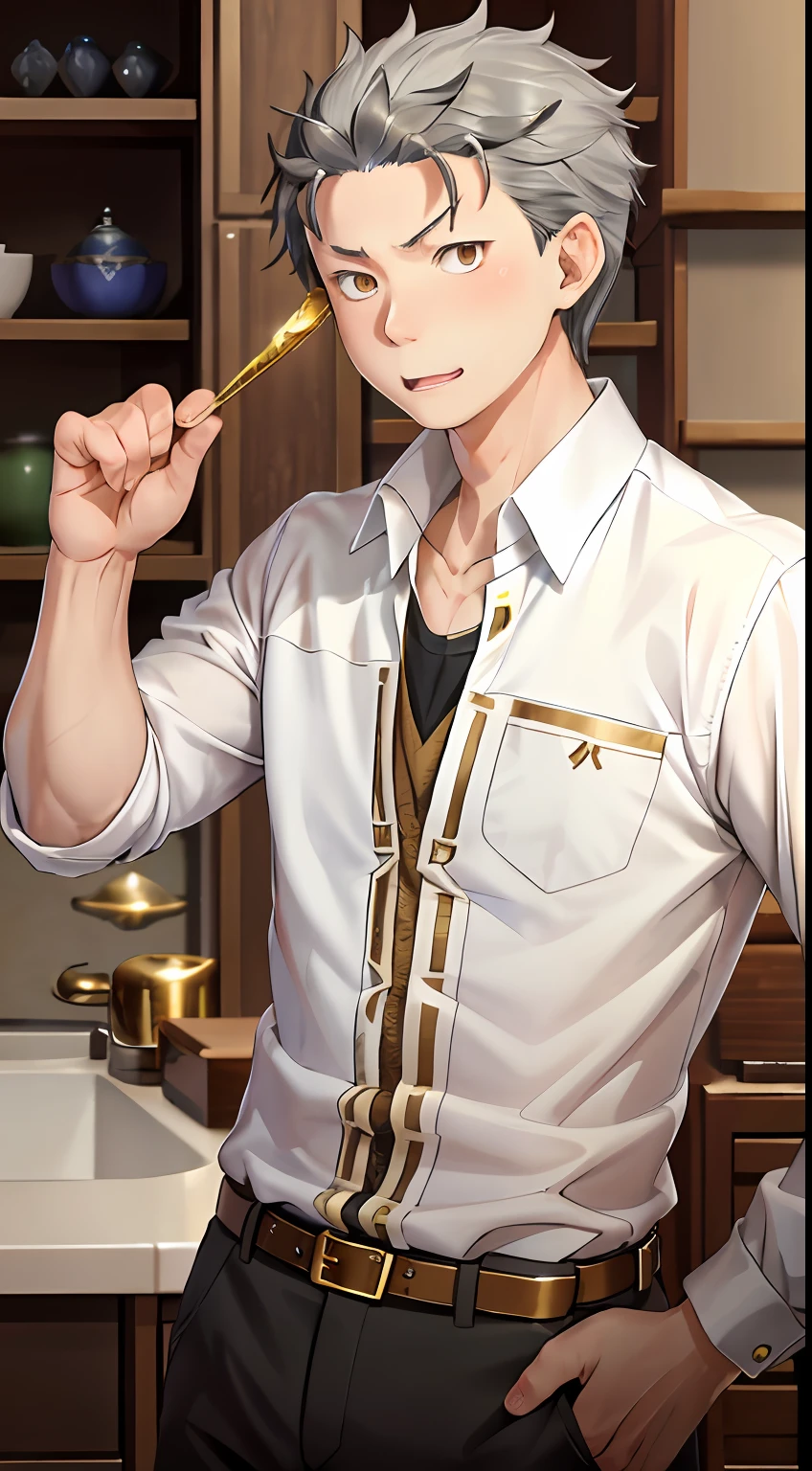 (1 Adult male),A high resolution, Sharp focus, Pixiv masterpiece, ((Complicated details)), highly detailed, natsuki_subaru, 1 man, with her mouth open,drools,full bodyesbian, Golden eyes(eyes glowing), with short golden hair,The shirt,tiese,Silver belt,perspire,look from down