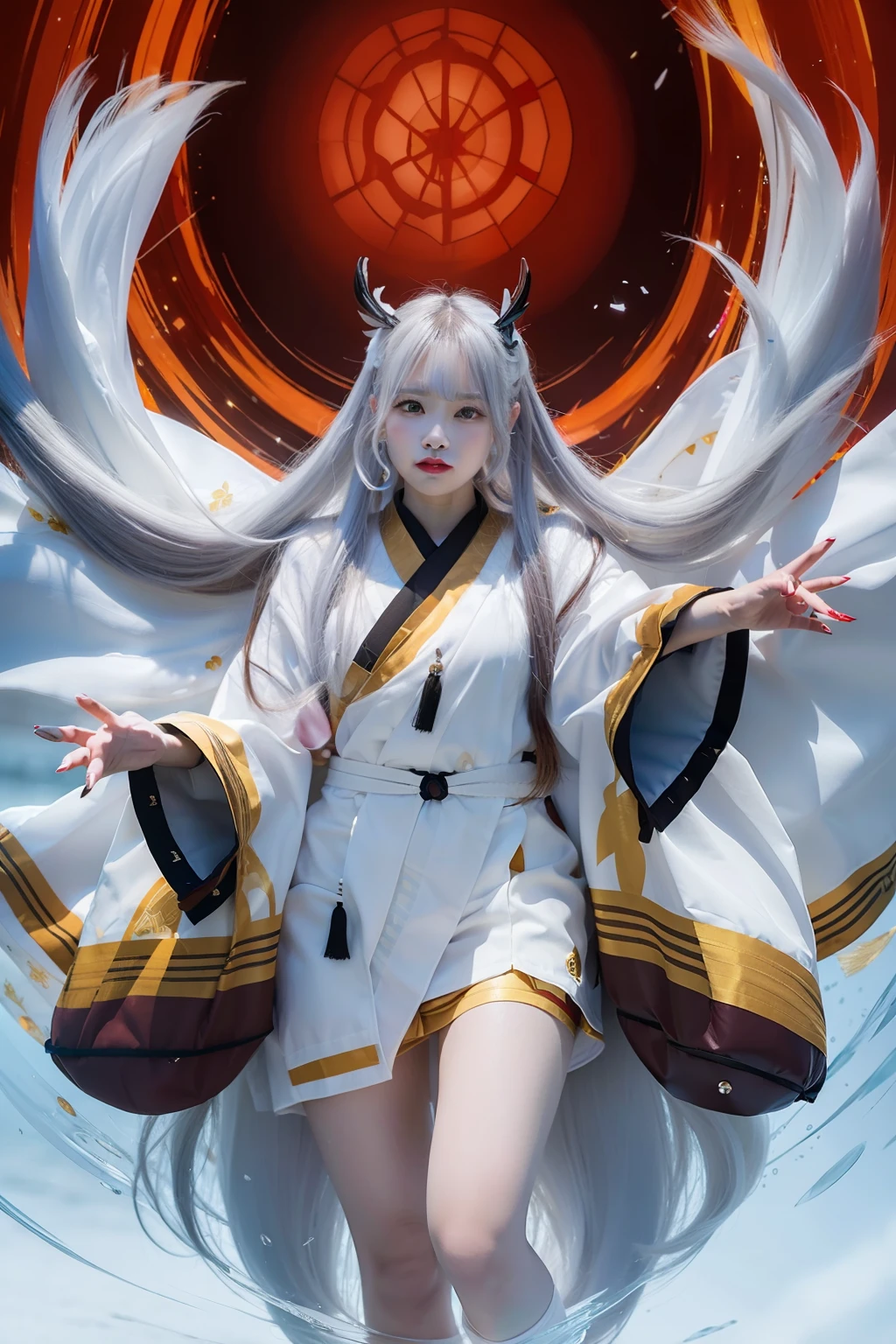 Kaguya otsutsuki. Standing in a white kimono with a yellow and purple striped backing reflected her white, smooth thighs. Her hands were open with long, black fingernails. His long, straight white hair was splashed across the wind. And a pair of brown horns on his head made him look strong. His eyes were white as a look. Her cheeks were flushed red and her lips were so tantalizing red. She looks so beautiful and realistic