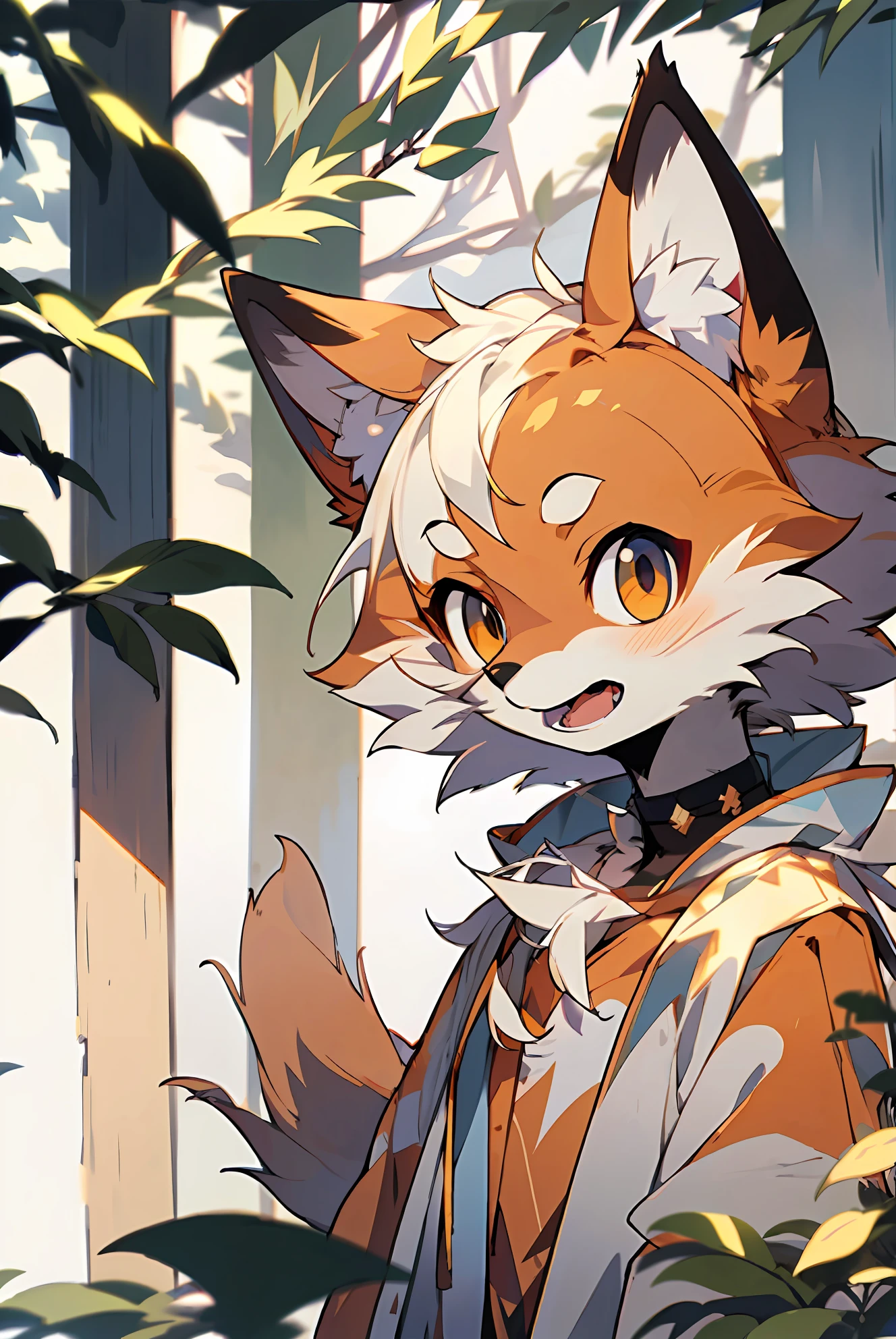 depth of fields,lighting perfect,light particules,(best qualtiy),(top-quality)(tmasterpiece),(ultra - detailed),Sharp focus,light particules,niji,eyesgod,brown_eyes,looking_at_viewer,smile,solo,furry,animal_ear_fluff,open_clothes,arctic fox,white colors,shaggy,red fox,White tail,Long tail,gold choker,rays of sunshine,The tree,