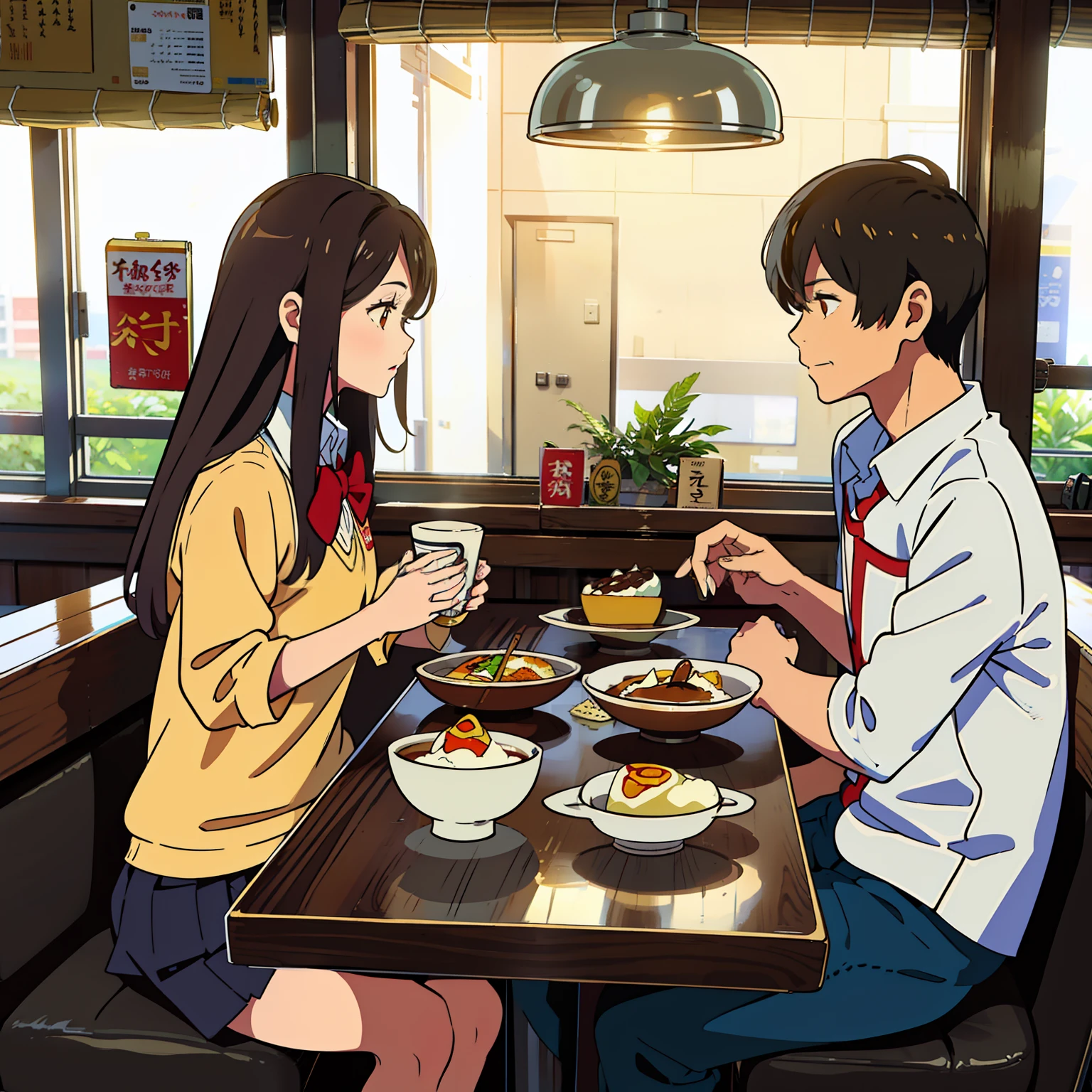 In the restaurant ,A pair of girlfriends in school uniforms ,A man with long hair eating omelet rice ,A short hair eats tiramisu。 Milk tea egg tarts
