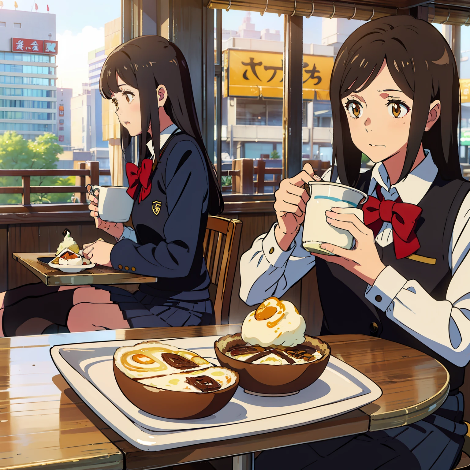 In the restaurant ，A pair of girlfriends in school uniforms ，A man with long hair eating omelet rice  ，A short hair eats tiramisu。 Milk tea egg tarts