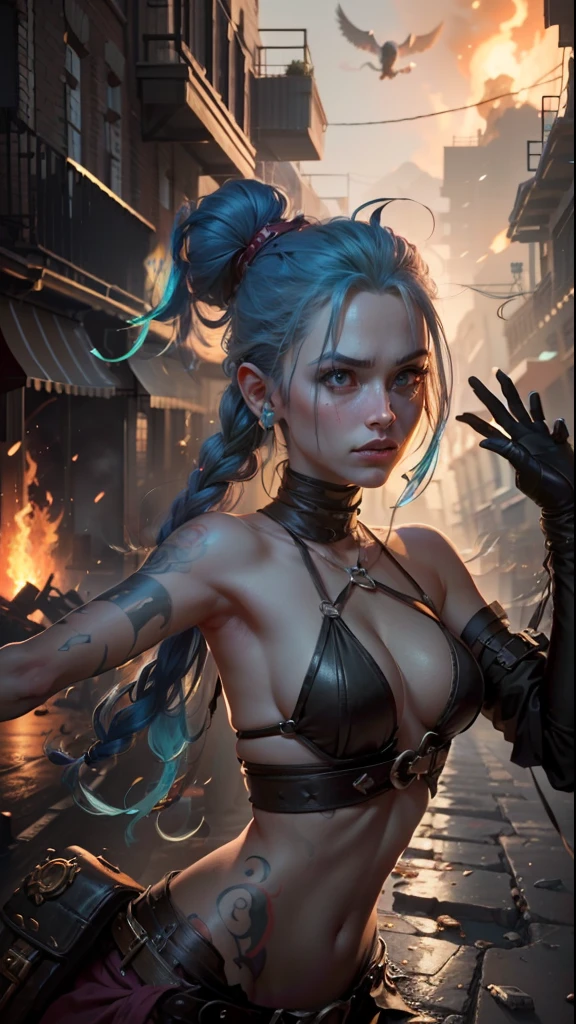 ((Best quality)), ((masterpiece)), (highly detailed:1.3), 3D, arcane style,In the dark and gritty dystopian city Piltover, plagued by violence and divided into two opposing factions, a young prodigy named Jinx emerges. Having endured unimaginable loss and abandonment, she has embraced a life of chaos and destruction. Known for her inventive and explosive abilities, Jinx becomes an icon of rebellion against the oppressive forces controlling the city. However, haunted by guilt and battling inner demons, she must confront her past and decide whether to continue down the path of anarchy or seek redemption amidst the turmoil. Explore the journey of Jinx as she navigates a treacherous world, fighting for survival, unraveling secrets, and discovering the true meaning of her twisted existencechaos reigns supreme, and at the heart of it all is Jinx, the embodiment of unpredictability. Delve deep into the twisted mind of Jinx, exploring the origins of her madness and the driving force behind her destructive nature. Unveil the moments that shaped her into the deranged and iconic character we know. Take us on a wild journey through the vibrant streets of Piltover and the grim underbelly of Zaun as Jinx wreaks havoc with her explosive arsenal. Can redemption ever find its way into Jinx's fractured soul? Or will she forever dance on the edge of sanity, embracing the chaos that fuels her very existence? The fate of Arcane hangs in the balance as Jinx's path intertwines with unlikely allies and formidable foes. Ignite your imagination and paint a vivid portrait of Jinx's twisted psyche, capturing the essence of her madness and the untamed spirit that defines her,HDR (High Dynamic Range),Ray Tracing,NVIDIA RTX,Super-Resolution,Unreal 5,Subsurface scattering,PBR Texturing,Post-processing,Anisotropic Filtering,Depth-of-field,Maximum clarity and sharpness,Multi-layered textures,Albedo and Specular maps,Surface shading,Accurate simulation of light-material interaction,Perfect proportion