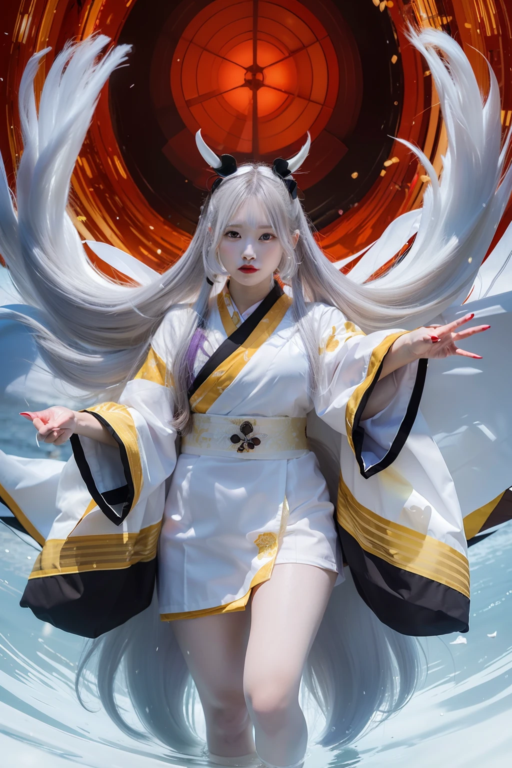 Kaguya otsutsuki. Standing in a white kimono with a yellow and purple striped backing reflected her white, smooth thighs. Her hands were open with long, black fingernails. His long, straight white hair was splashed across the wind. And a pair of brown horns on his head made him look strong. His eyes were white as a look. Her cheeks were flushed red and her lips were so tantalizing red. She looks so beautiful and realistic