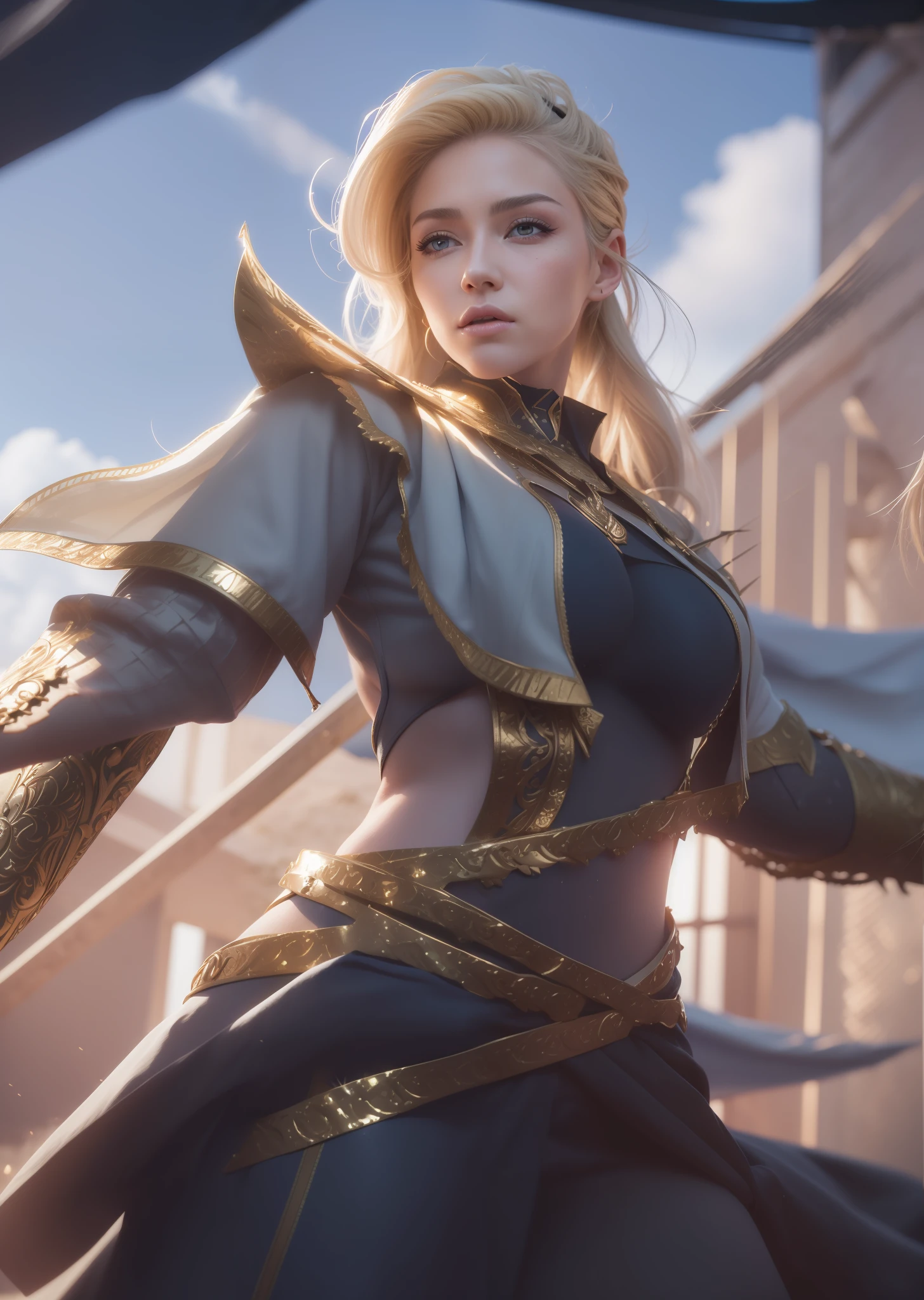 ((Best Quality, 4K, Masterpiece: 1.3)), (Detailed: 1.4), 1girl, Reality, a close up of a woman with a spear, extremely detailed artgerm, ashe, style artgerm, iconic character splash art, official splash art, astri lohne, artgerm detailed, portrait knights of zodiac girl, celestial woman with blonde hair, western girl, big breast, huge breast, 4K, HD, Ultra Realistic, extremely detailed, half_buzzcut_hairstyle, a woman with spear behind the body, spear, the eyes look at me, beautyeyes, perfect eyes