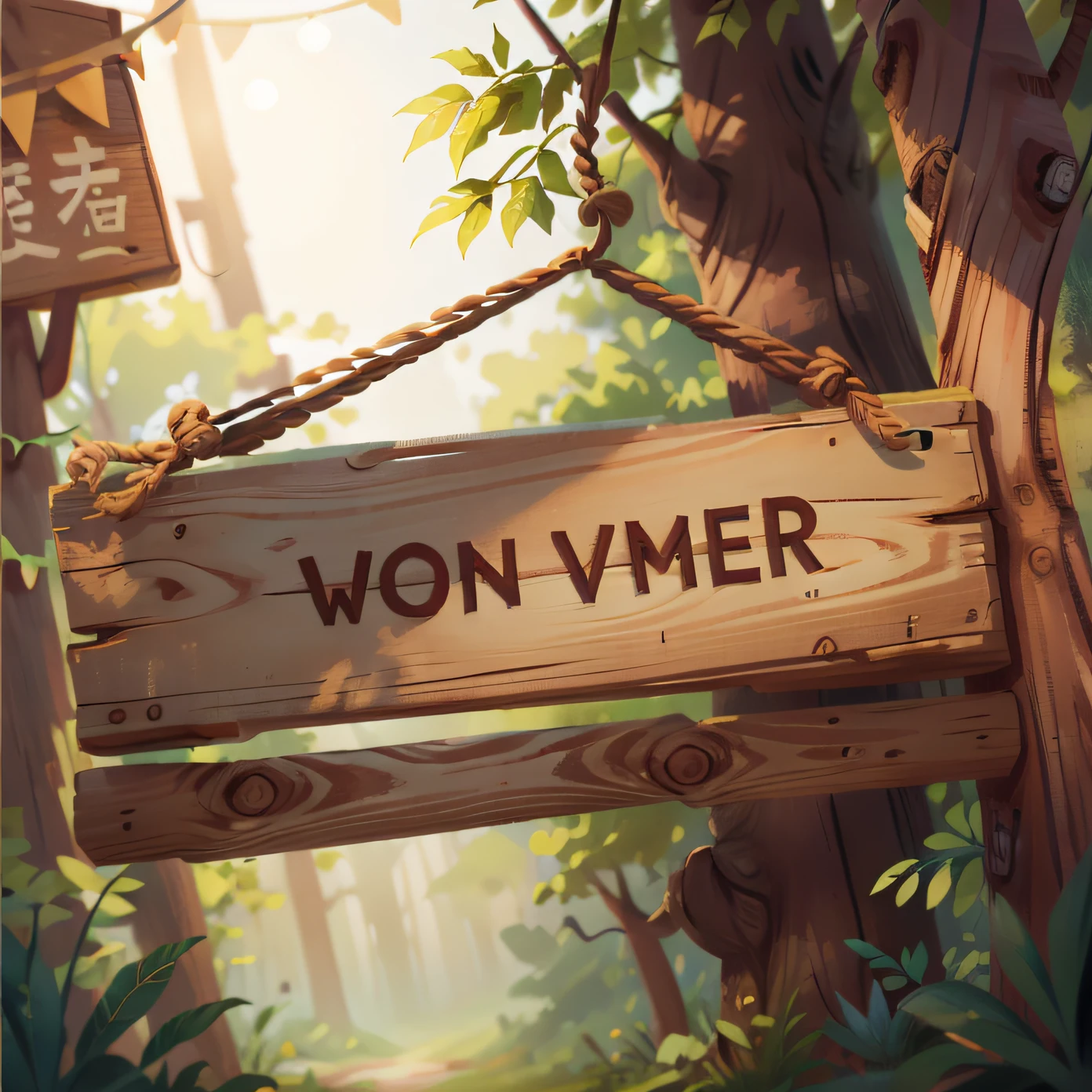 A wooden sign hangs from a rope