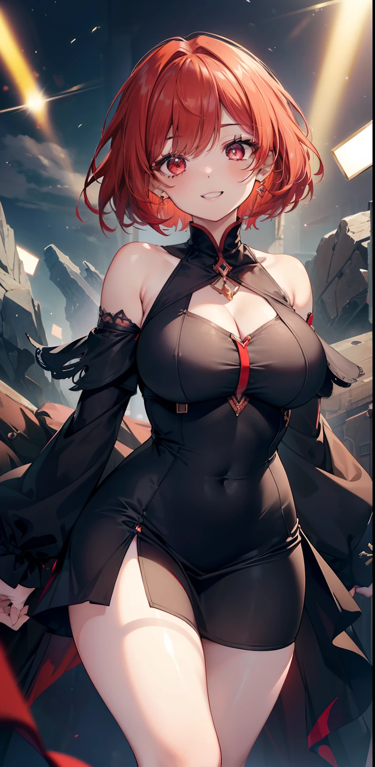 ((masterpiece)), ((best quality)), ((HD 4k)), ((brown skin)), ((perfect anatomy)), ((older woman)), woman, ((female face) ), Happy, smiling, mouth open, teeth showing, ((light red eyes)), Eyelid, Sclera, Iris, eyebrow, eyelashes, ear, nose, Big red hair, ((fringe)), ((hair details) ), ((light effects on hair)), ((short black dress with long sleeves)), ((lights effect on clothes)), ((body lights effect)), neck, Shoulders, ((big chest )), arms, ((thick legs)), ((big thigh)), background, scary mood, horror scenery