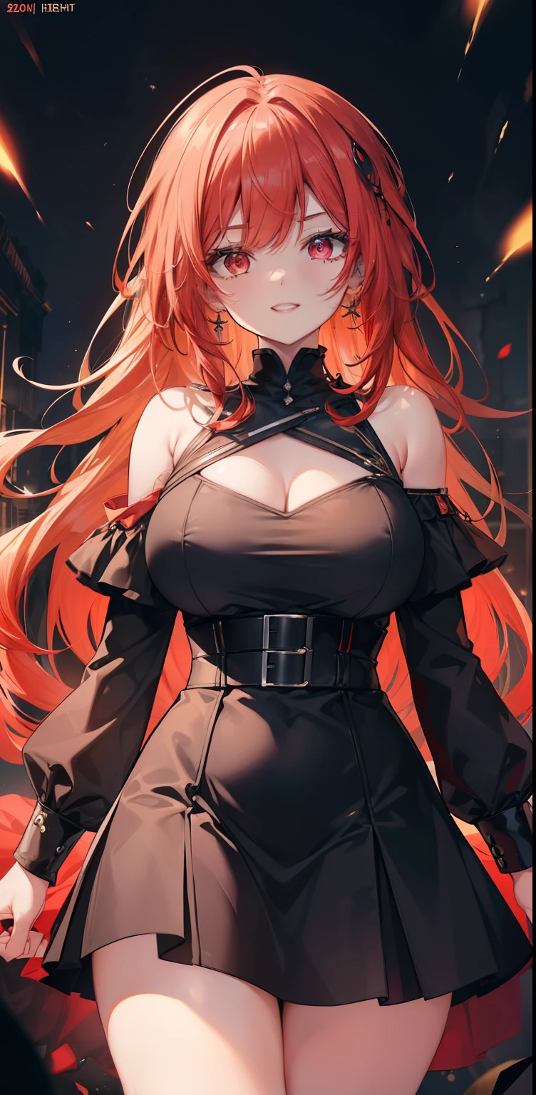 ((masterpiece)), ((best quality)), ((HD 4k)), ((brown skin)), ((perfect anatomy)), ((older woman)), woman, ((female face) ), Happy, smiling, mouth open, teeth showing, ((light red eyes)), Eyelid, Sclera, Iris, eyebrow, eyelashes, ear, nose, Big red hair, ((fringe)), ((hair details) ), ((light effects on hair)), ((short black dress with long sleeves)), ((lights effect on clothes)), ((body lights effect)), neck, Shoulders, ((big chest )), arms, ((thick legs)), ((big thigh)), background, scary mood, horror scenery