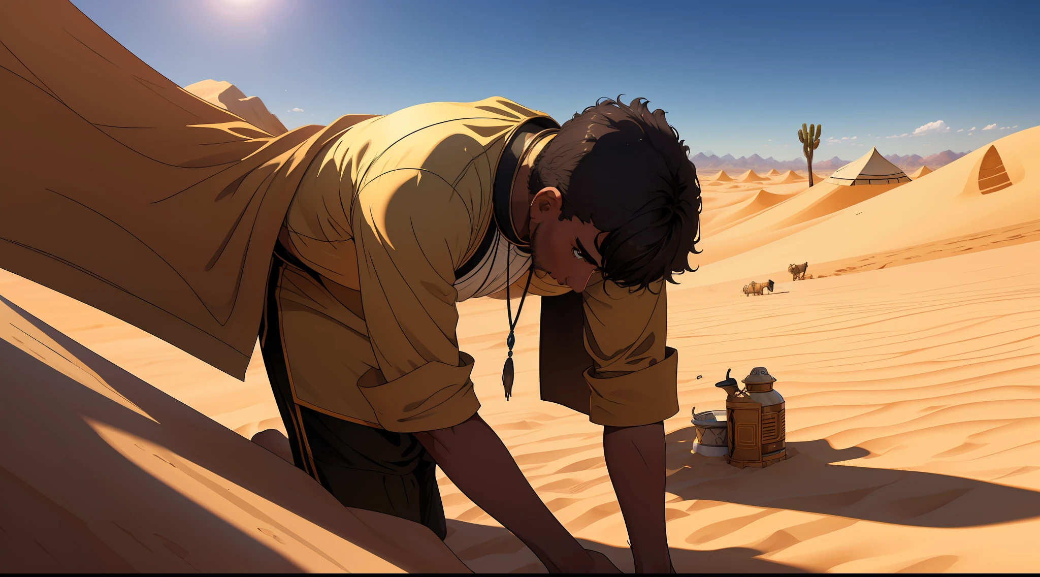 "(8k ultra-realistic) (detailed image) (masterpiece) (superb quality) Lost in the scorching desert dunes, (young man) Amir (islamic clothes) searches for his camp under the blistering sun."