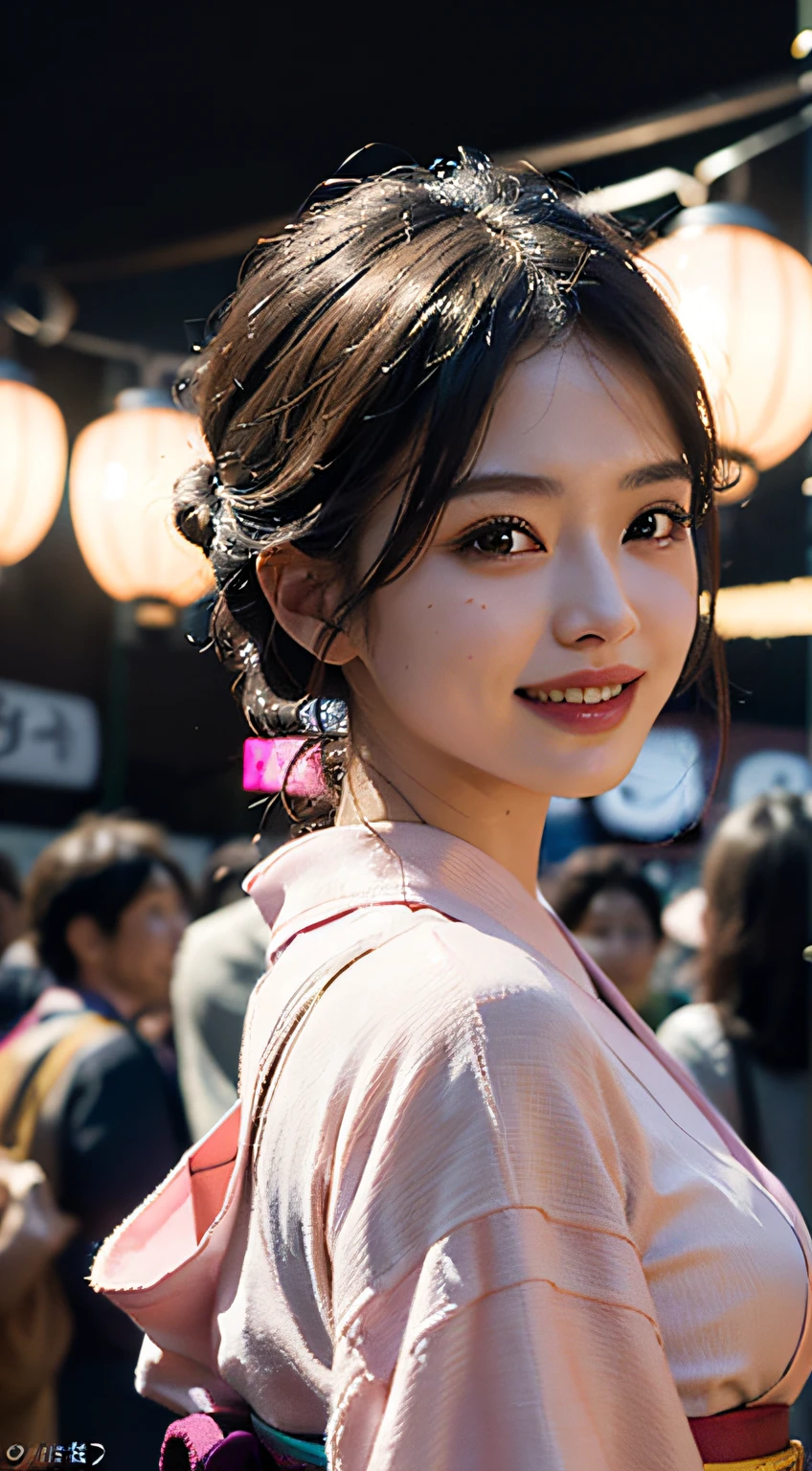 best qualtiy、masterpiece、photoRealstic、intricate-detail、Raw foto、Photon Rendering、Octane Rendering、absurderes、ultra-detailliert、A detailed face、Detailed skin、Trending in art stations、8K Masterpiece、lighting like a movie、( (1girl in))、((独奏) ))、CG Social Trends、Plastic En、((Black Long Hair))、((Beautuful Women))、(A smile)、Upper teeth、Fashionable、Hair that flutters in the wind、((Flowing hair))、fashion magazine、((A sexy))、((lighting like a movie)、((indirect lighting)、、(ssex)、Grinning、(View from a distance)、((Festival of Japan))、Pink kimono、