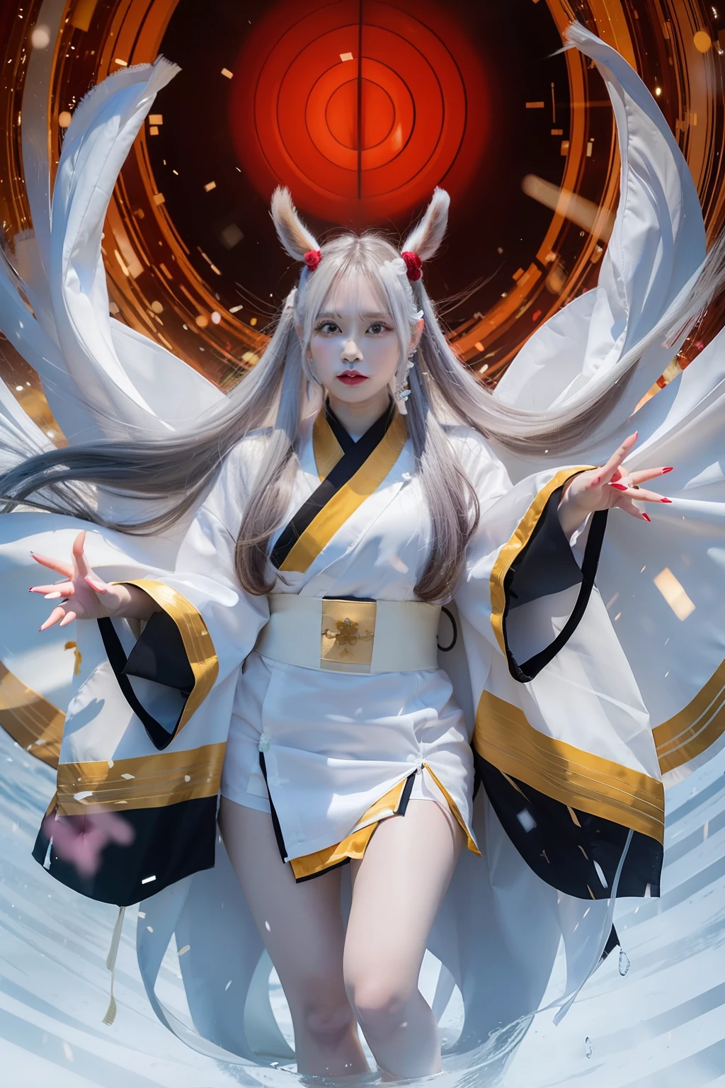 Kaguya otsutsuki. Standing in a white kimono with a yellow and purple striped backing reflected her white, smooth thighs. Her hands were open with long, black fingernails. His long, straight white hair was splashed across the wind. And a pair of brown horns on his head made him look strong. His eyes were white as a look. Her cheeks were flushed red and her lips were so tantalizing red. She looks so beautiful and realistic