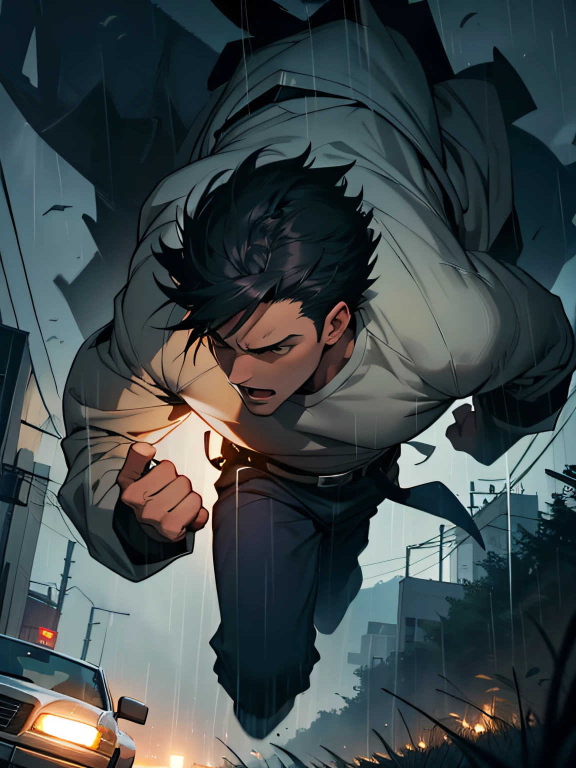of a guy,short detailed hair,Mighty and ferocious,nigth,raining day,Flying scenes,