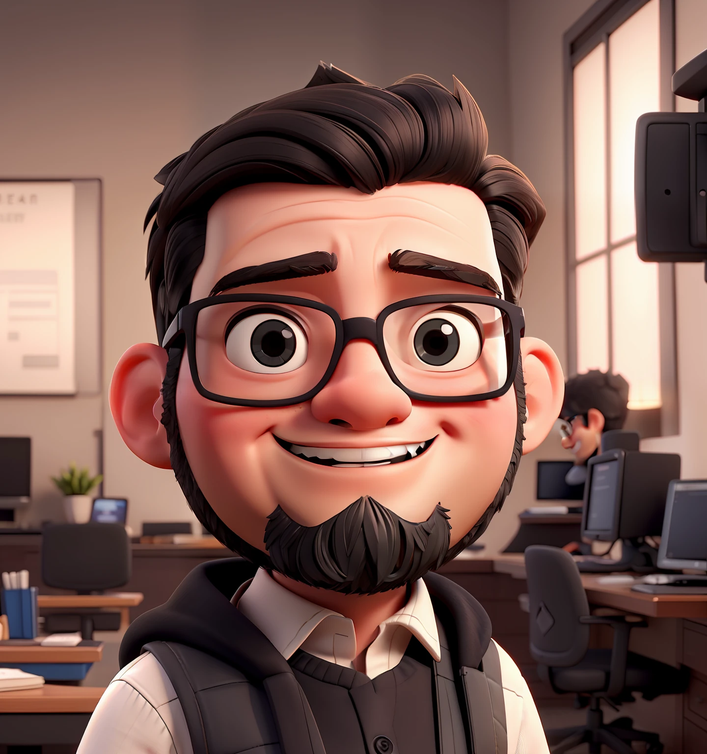 Slightly chubby, Cute smile,black-frame glasses,Beard,programmer,short detailed hair,Tides,Pop