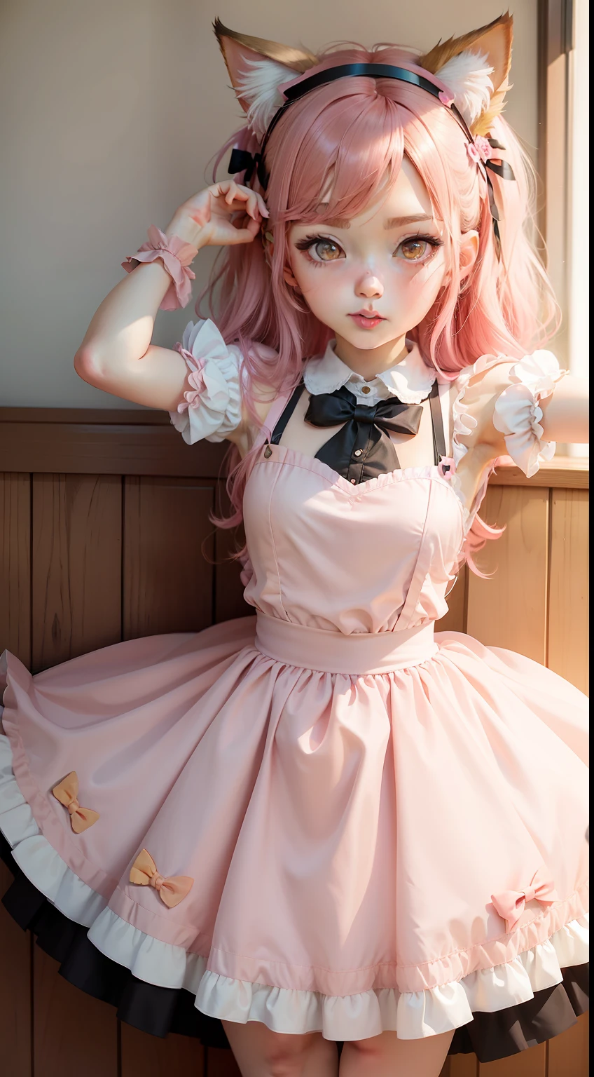 Anime - style girl in a pink dress,Cat ears and bow, cosplay of a catboy! maid! dress, Maid dress, Maid outfit, Anime girl cosplay, small curvaceous , lolidress, Loli, cunime waifu in a nice dress, DDLC, belle delphine, cosplay, anime girl in a maid costume
