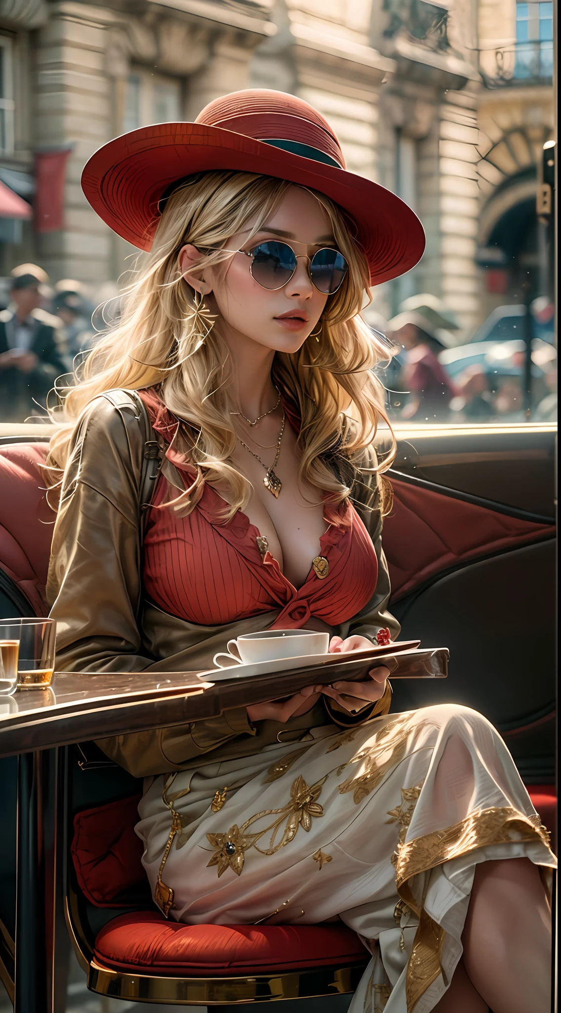 _Created with [AIPRM Prompt "Diffuser: A Stable-Diffusion Prompt Generator"](https://www.aiprm.com/prompts/generative/stable-diffusion/1834113139529613312/)_

# Prompt: Parisian Elegance

Recommended aspect ratio: 4:3

Prompt: (masterpiece, high resolution, photo-realistic:1.3), elegant blonde woman, (long flowing hair:1.2), wearing (Ray-Ban sunglasses:1.2), flawless and perfectly (smooth skin:1.2), immaculately applied makeup, dressed in (stunning red Dior outfit:1.2), complemented by a stylish (wide-brimmed hat:1.1). Her body is naturally (voluptuous:1.2) and flawless, with a generous neckline, adorned with a (magnificent matching necklace and earrings:1.2). 

She is seated gracefully at a Parisian coffee shop, (basking in the sunlight:1.1), the picture capturing her perfectly. The table before her is filled with an assortment of delectable (culinary delights:1.1). The scene exudes sophistication and charm, offering a glimpse of the quintessential Parisian elegance. 

(Camera model and lens choice can be adjusted based on the specific image: Canon EOS R5:1.2, Canon RF 50mm f/1.2L USM:1.2).