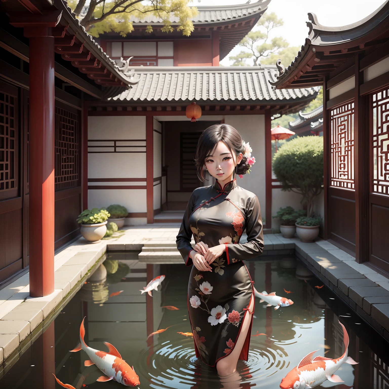 A woman cheongsam Chinese architecture fish pond koi