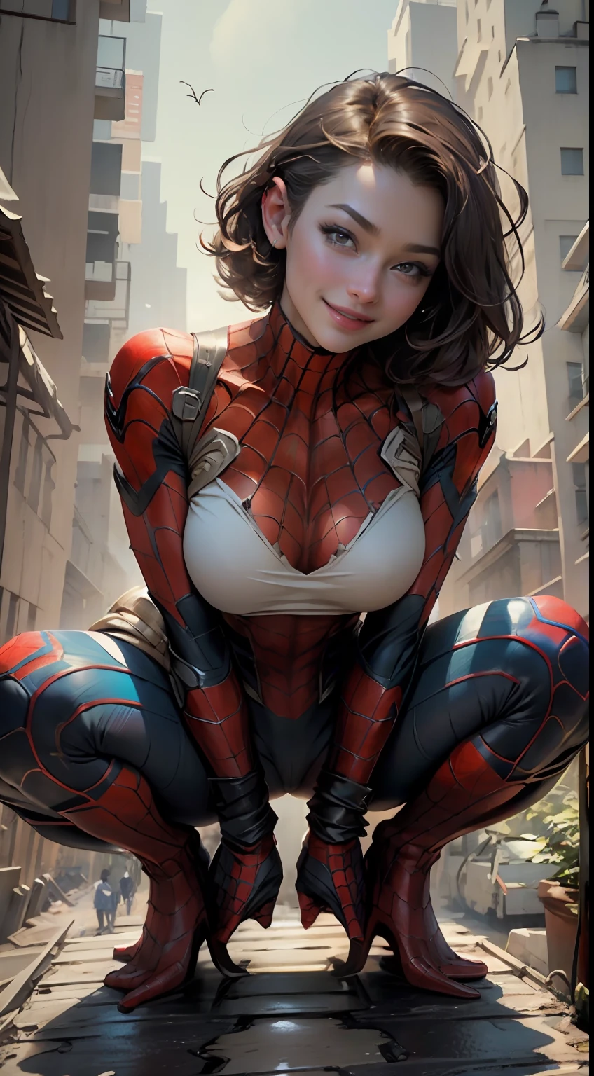 Masterpiece, HD, detailed details, beautiful woman detailed defined body using Spider-Man roleplay, big breasts, smile, delicate facial features, perfect face, fair skin, short hair, squatting on the roof of a tall building,naked;