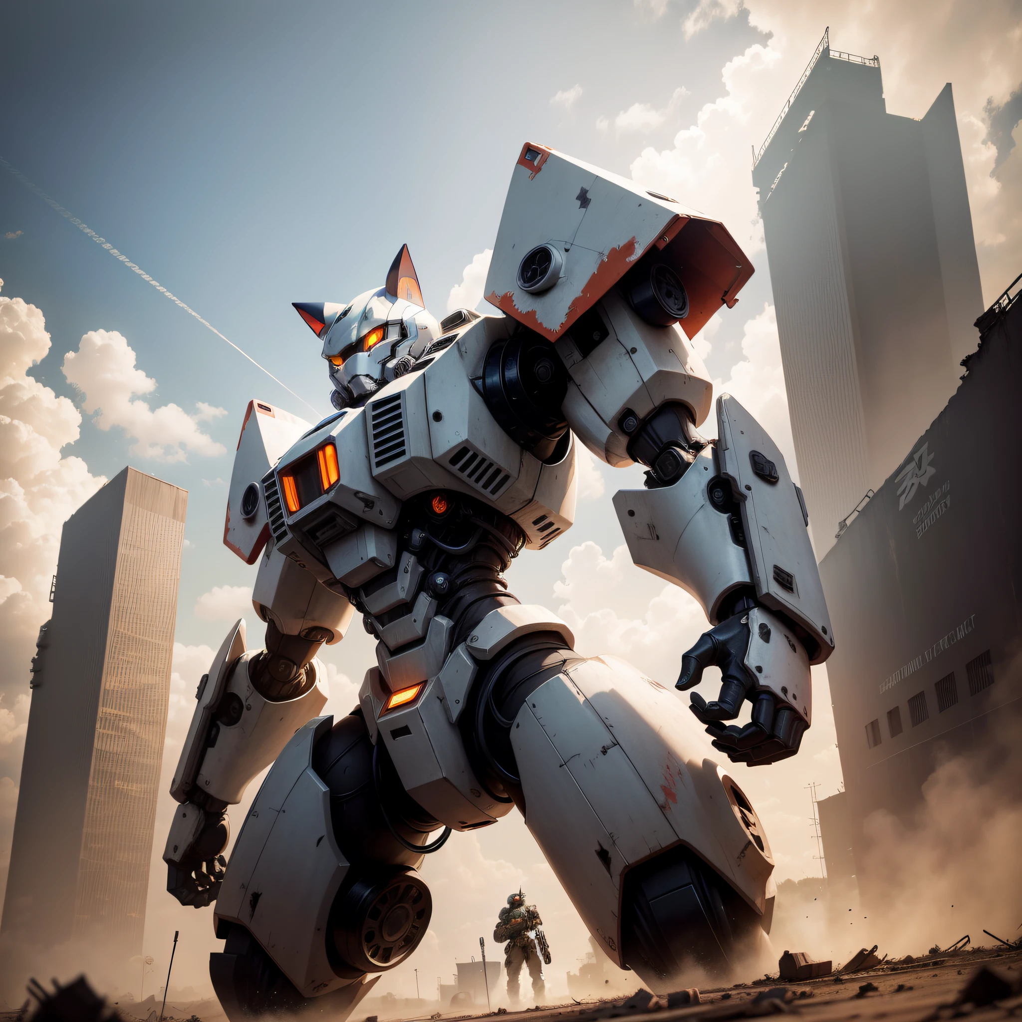 Mecha cat，Scars all over the body，Mecha cool colors，Standing on the roof of the exhaust gas plant，Armed with heavy machine gun weapons，fully body photo，Set in a ruined alien battlefield，After the war, Bodies were all over the ground