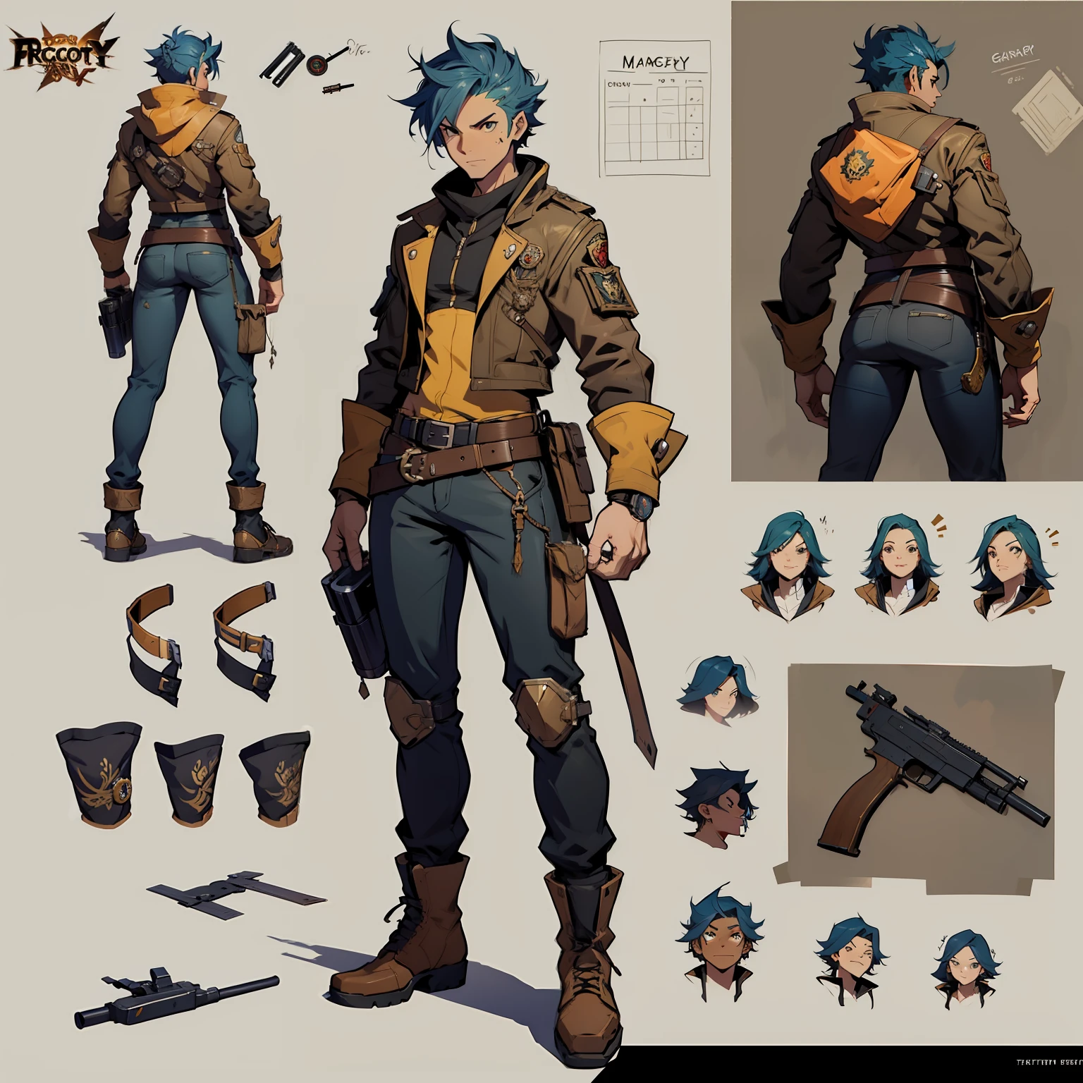 Close-up of a man in a gun costume, ((character concept art)), ((character design sheet, same character, front, side, back)) maple story character art, video game character design, video game character design, maple story gun girl, expert high detail concept art, metal bullet concept art, funny character design, Lucio as a woman, gravity rush inspiration, sticky tar. Concept art, belt buckle at waist, steampunk weapon,