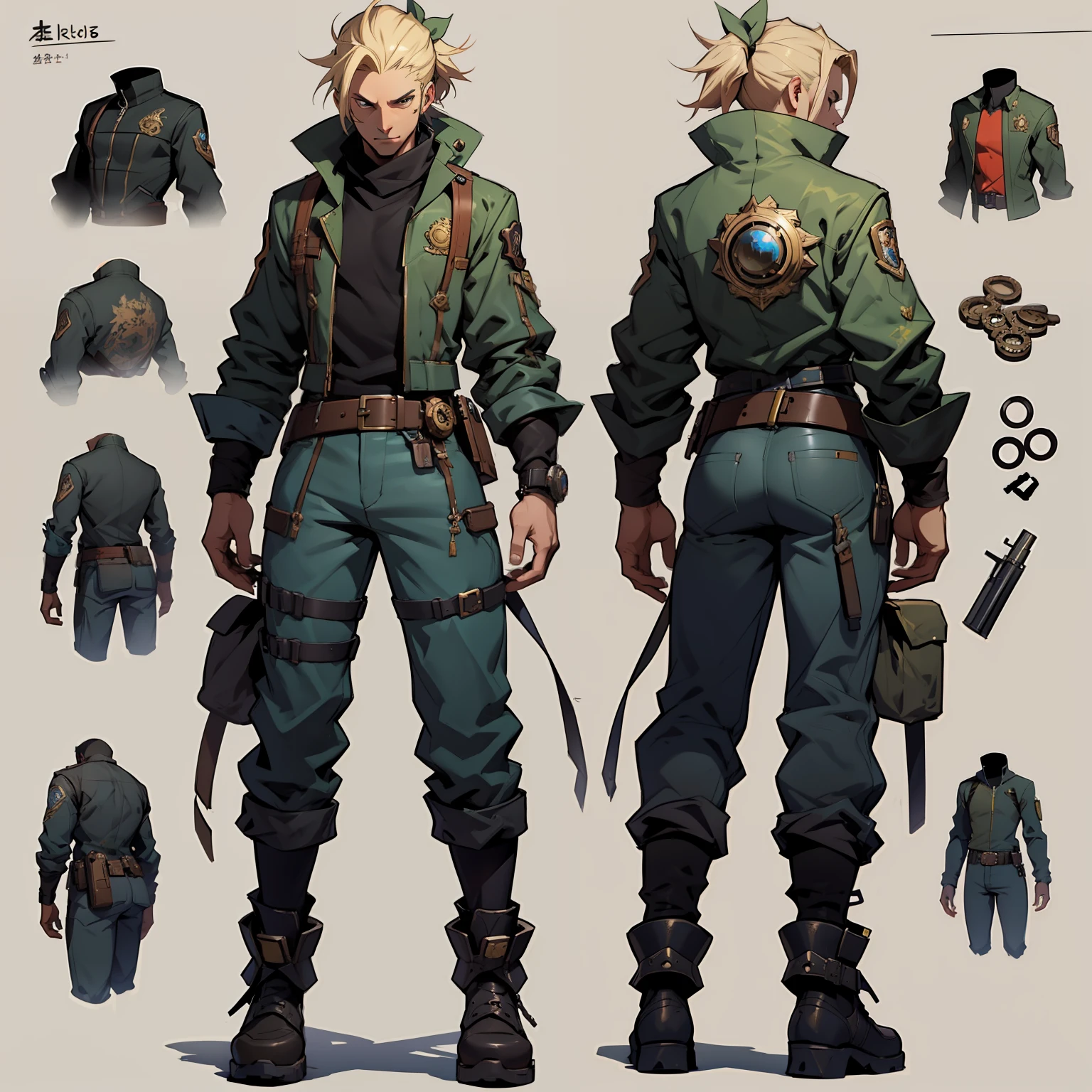 Close-up of a man in a gun costume, ((character concept art)), ((character design sheet, same character, front, side, back)) maple story character art, video game character design, video game character design, maple story gun girl, expert high detail concept art, metal bullet concept art, funny character design, Lucio as a woman, gravity rush inspiration, sticky tar. Concept art, belt buckle at waist, steampunk weapon,