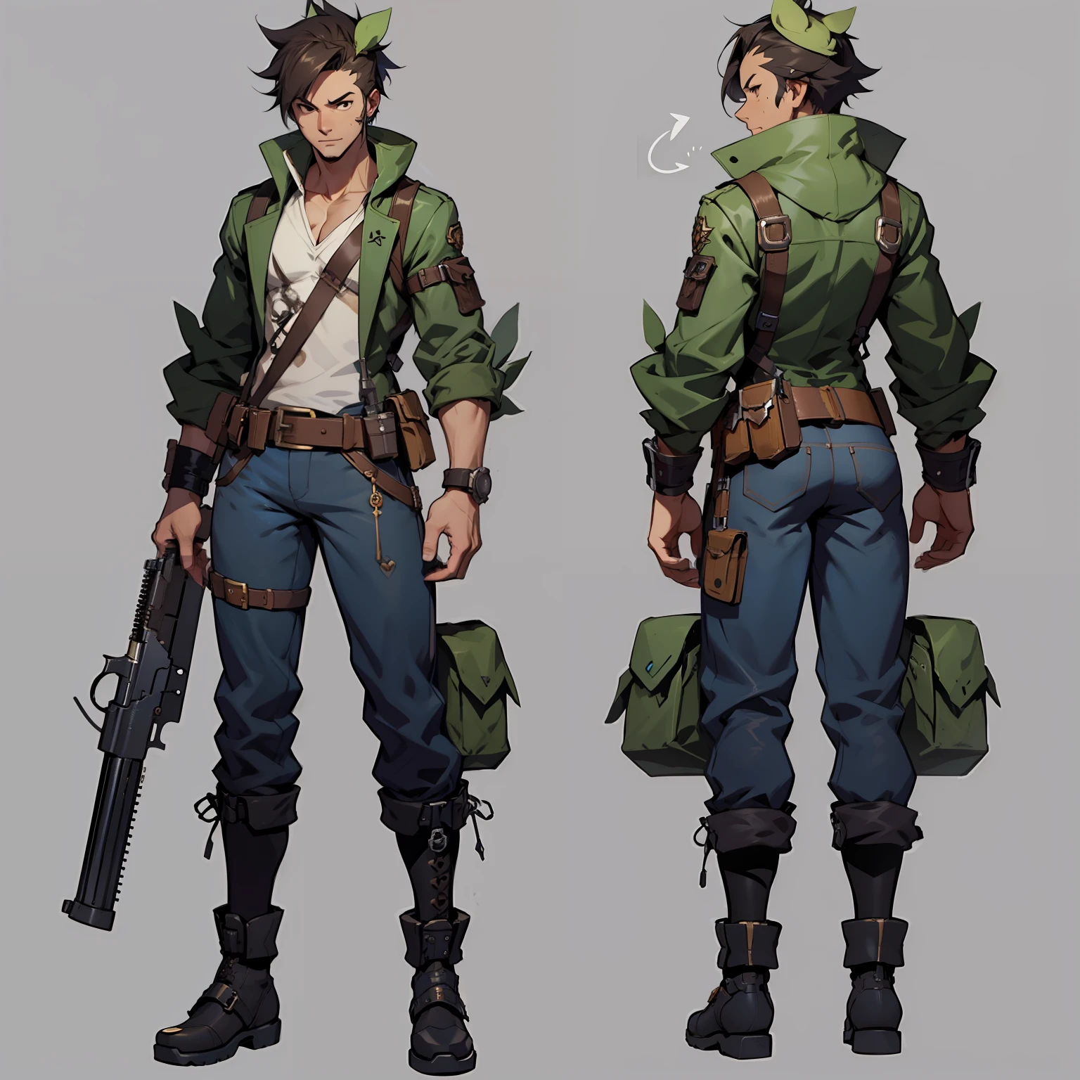 Close-up of a man in a gun costume, ((character concept art)), ((character design sheet, same character, front, side, back)) maple story character art, video game character design, video game character design, maple story gun girl, expert high detail concept art, metal bullet concept art, funny character design, Lucio as a woman, gravity rush inspiration, sticky tar. Concept art, belt buckle at waist, steampunk weapon,