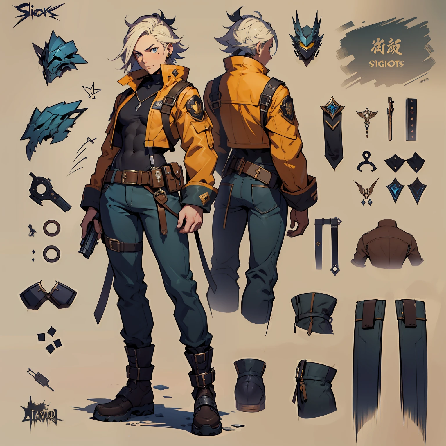 Close-up of a man in a gun costume, ((character concept art)), ((character design sheet, same character, front, side, back)) maple story character art, video game character design, video game character design, maple story gun girl, expert high detail concept art, metal bullet concept art, funny character design, Lucio as a woman, gravity rush inspiration, sticky tar. Concept art, belt buckle at waist, steampunk weapon,