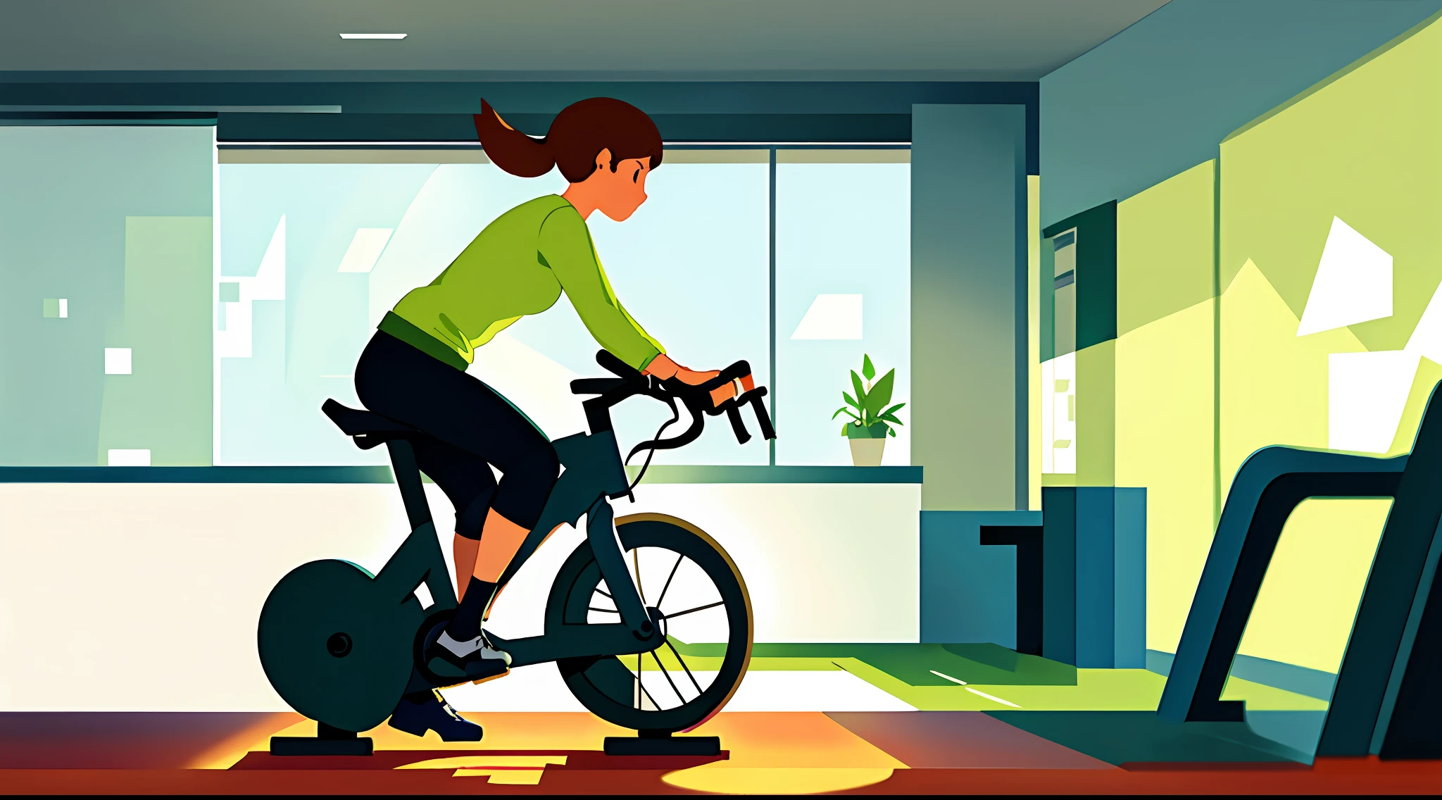 Girl riding a fitness bike，Mid-range vision，Indoor gym，Simple light color back