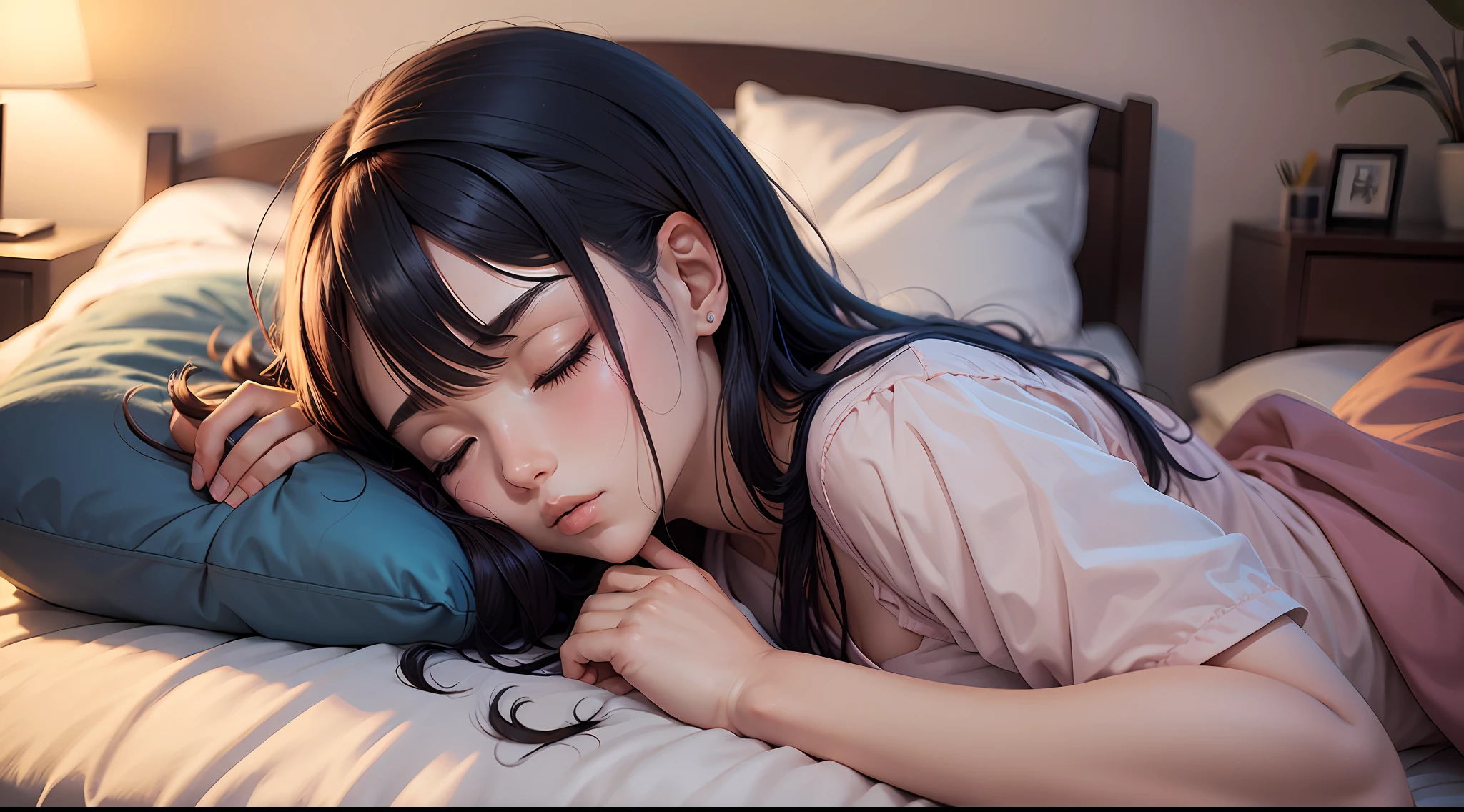 personagem de anime dormindo na cama a noite