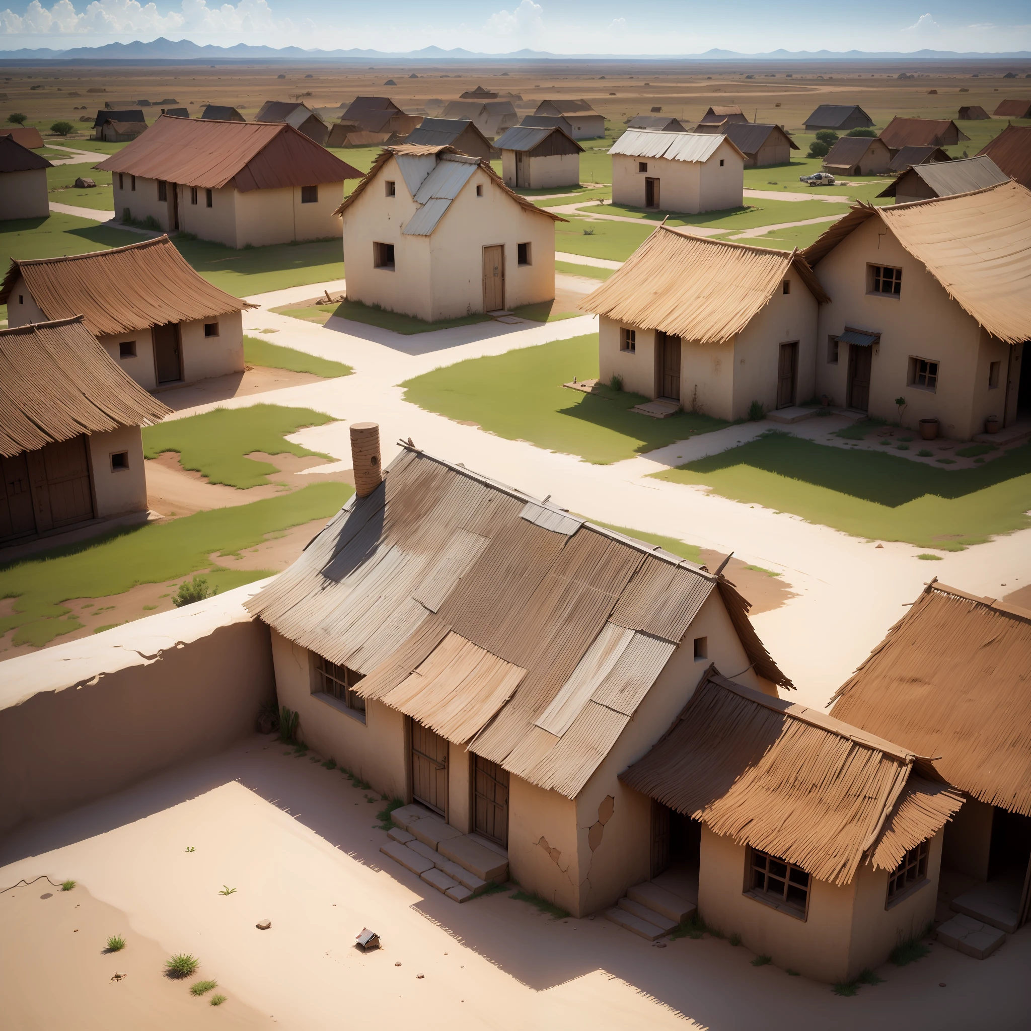 Barren African plains，Depressed village，Curious house，Dirt house，African totem，Sunnyday，Realistis ，poor，lag，No roof，dirty， --v6