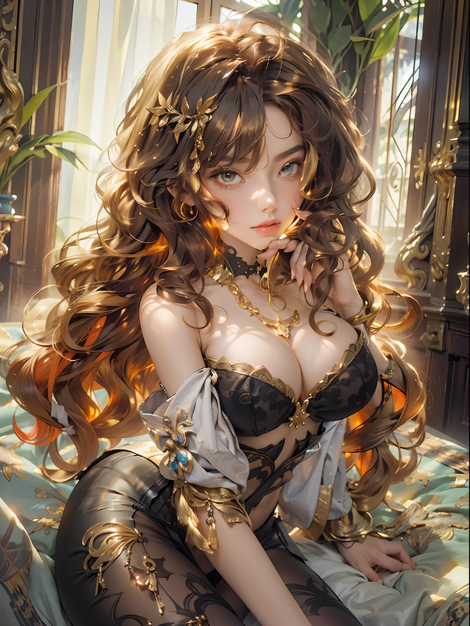 vibrant colors, girl, ((masterpiece)), ((best quality)), (ultra-detailed), sharp focus, cinematic lighting, 1girl, red long hair, golden eyes, wavy hair, black satin bra and panties, ornate lingerie, looking at viewer, bedroom, seductive gaze, nice hands, perfect hands, well proportioned, thighs, gold necklace, gold buckles, gold earring, dappled light from window, beams of light, dust motes