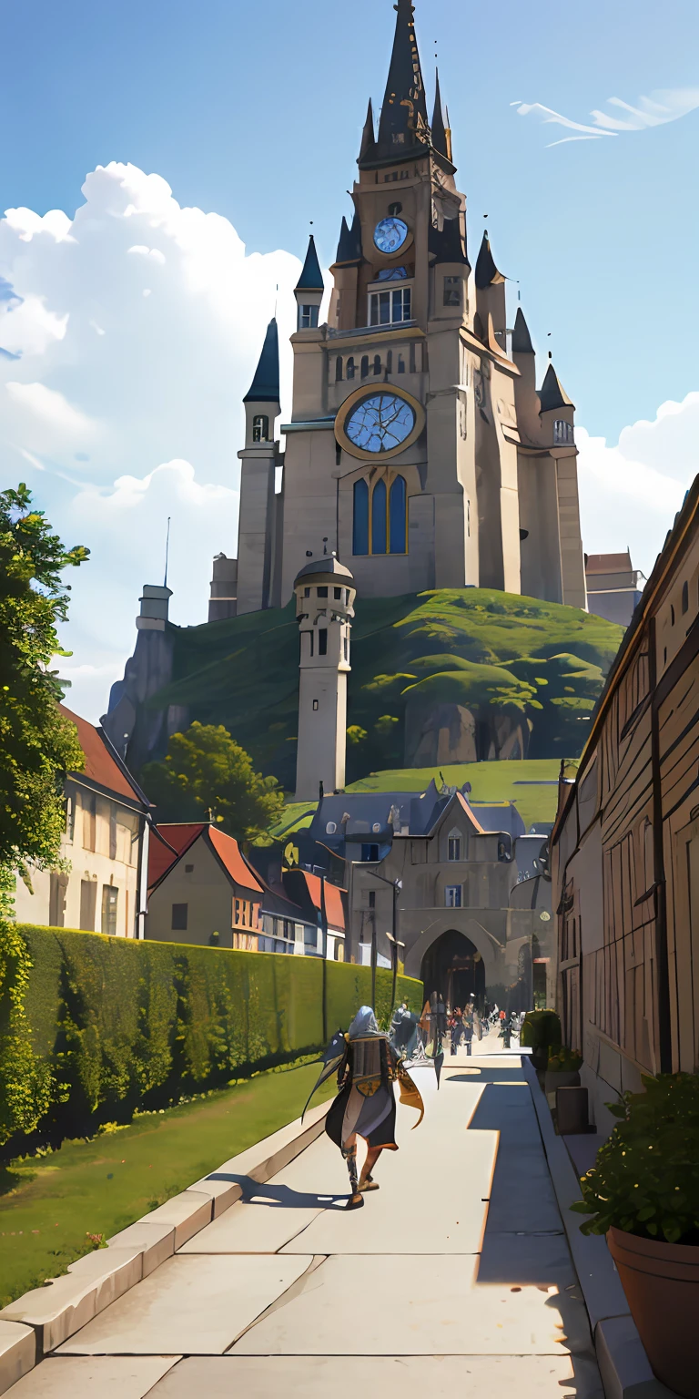 A fedal village in median age with many houses and one castle in the midle, wall in around everything